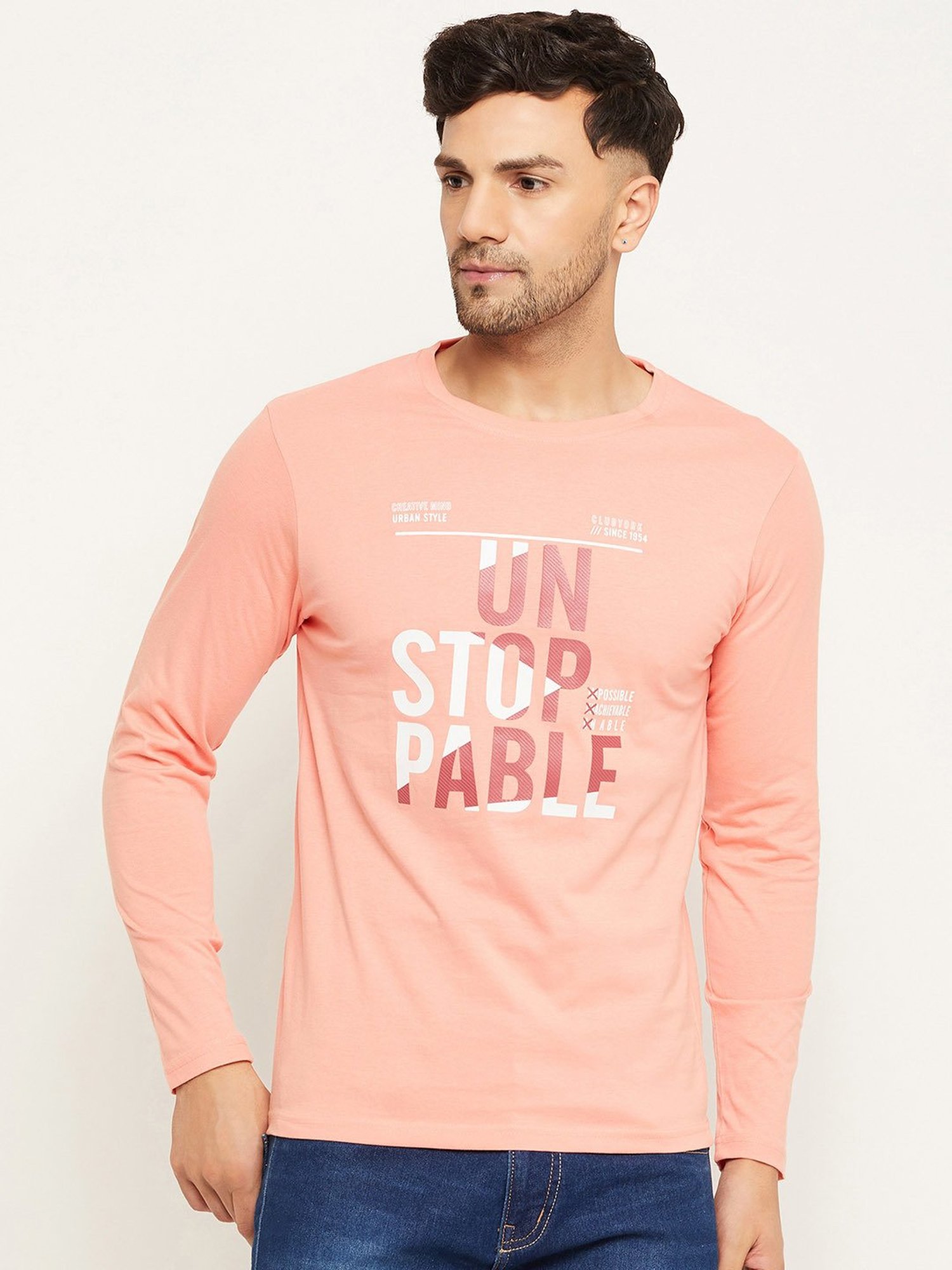 Club York Peach Regular Fit Printed Crew T-Shirt