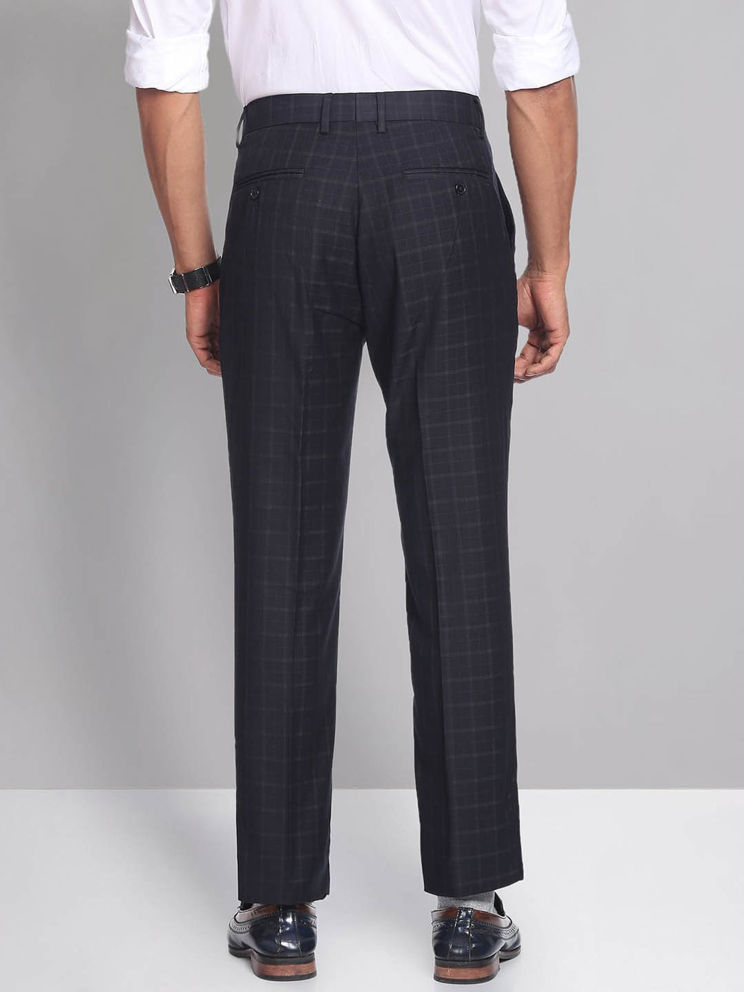 AD by Arvind Dark Navy Regular Fit Flat Front Trousers