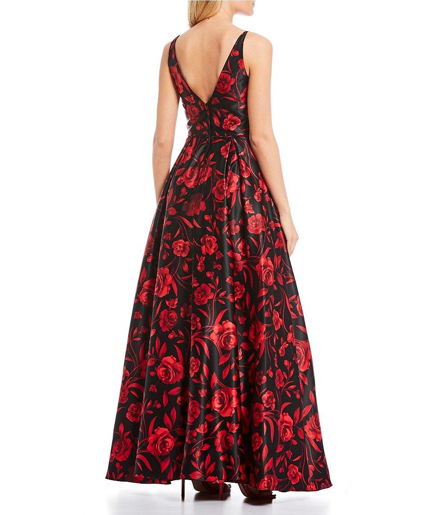 Blondie Nites Spaghetti Strap V-Neck Floral Satin Ball Gown