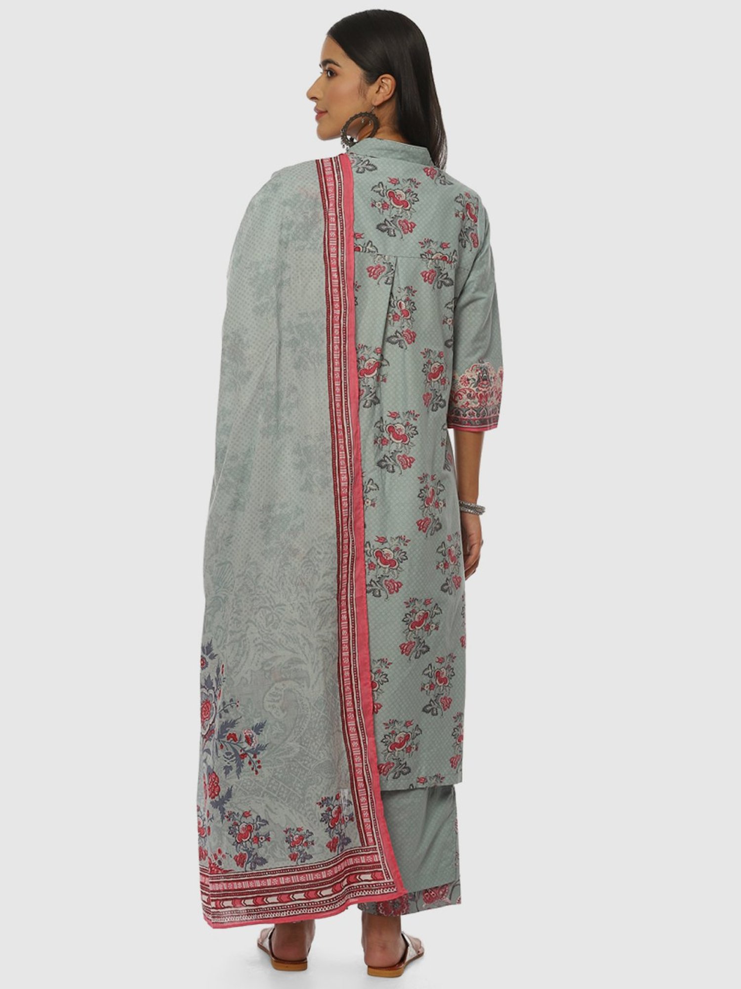 Biba Blue Cotton Printed Kurta Palazzo Set With Dupatta