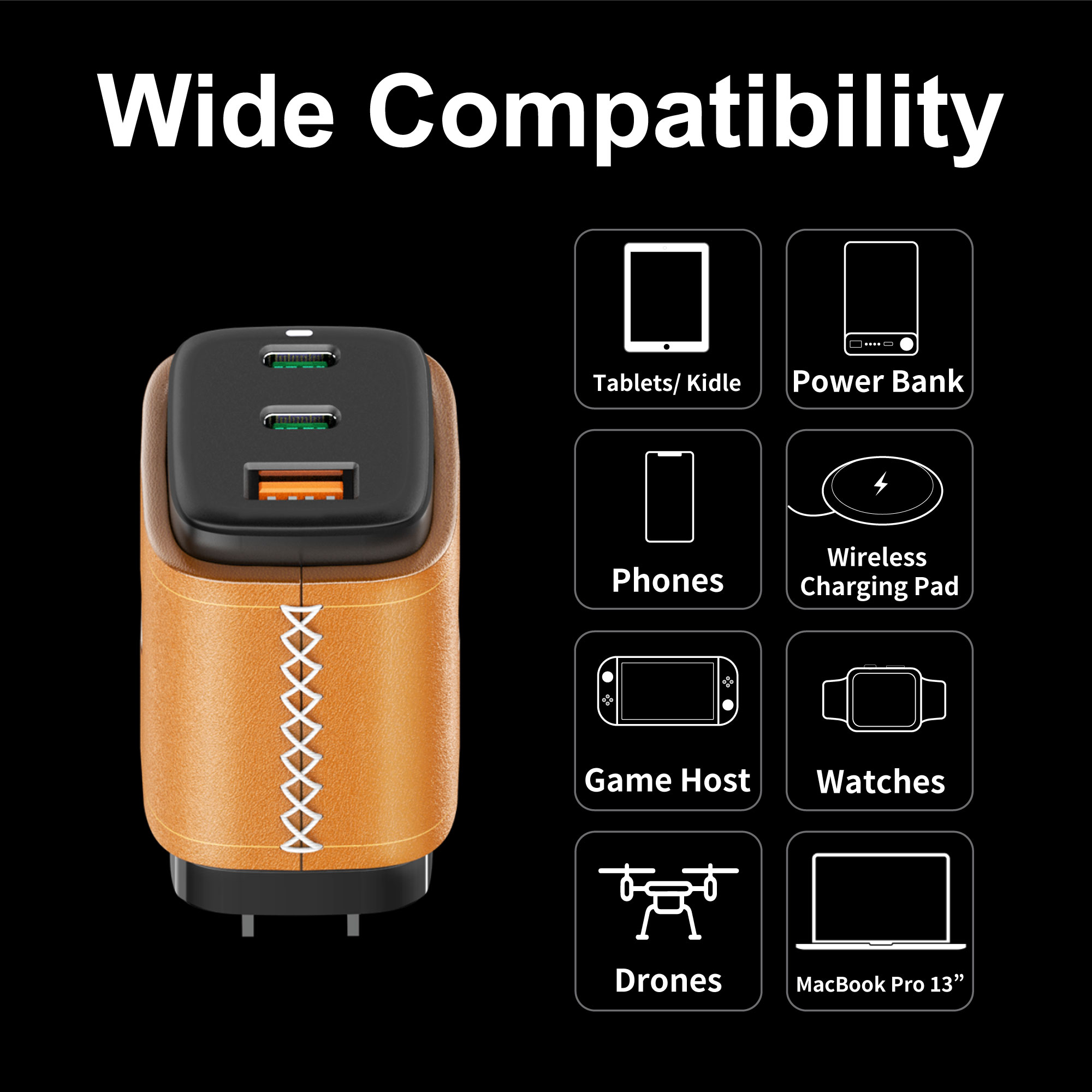 VogDUO USB C Charger, 65W 3 Ports GaN, Fast Charging, Foldable Plug, Genuine Leather style, compatible with iPad, iPhone 12/12 Mini/12 Pro/12 Pro Max/SE/11, Nintendo Switch, MacBook