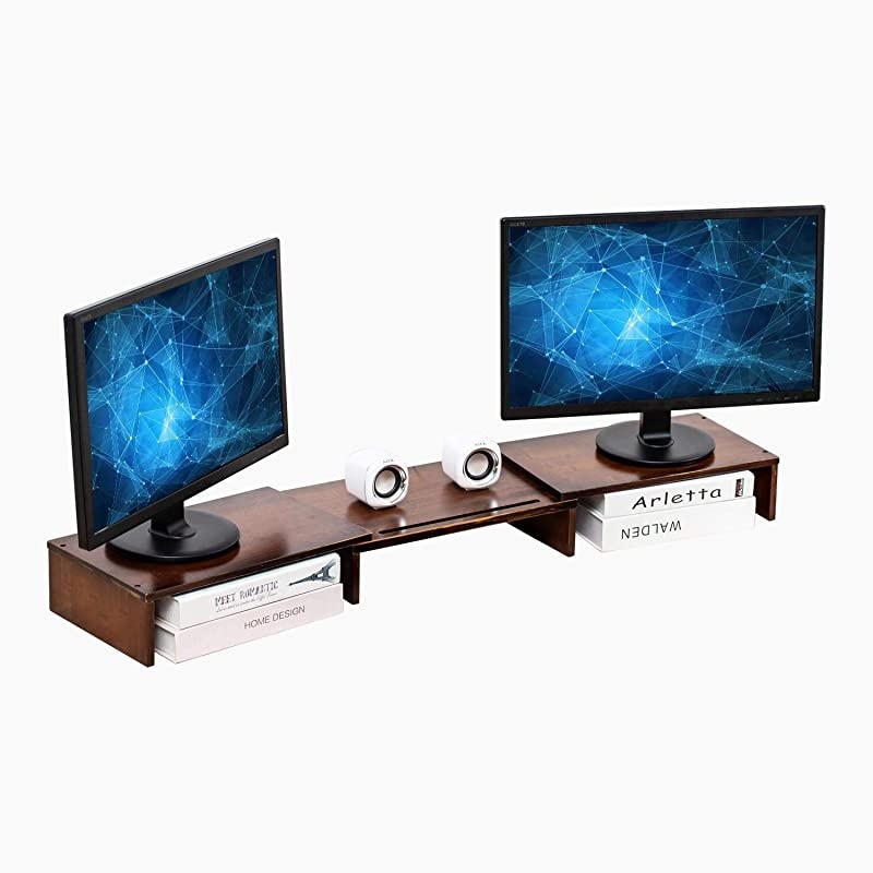 Bamboo Dual Monitor Stand Riser with Length and Angle Adjustable, 3 Shelf Multifunctional Screen Desktop Organizer for Laptop Computer, TV, PC, Printer, Multi Media Speaker-Walnut &hellip;