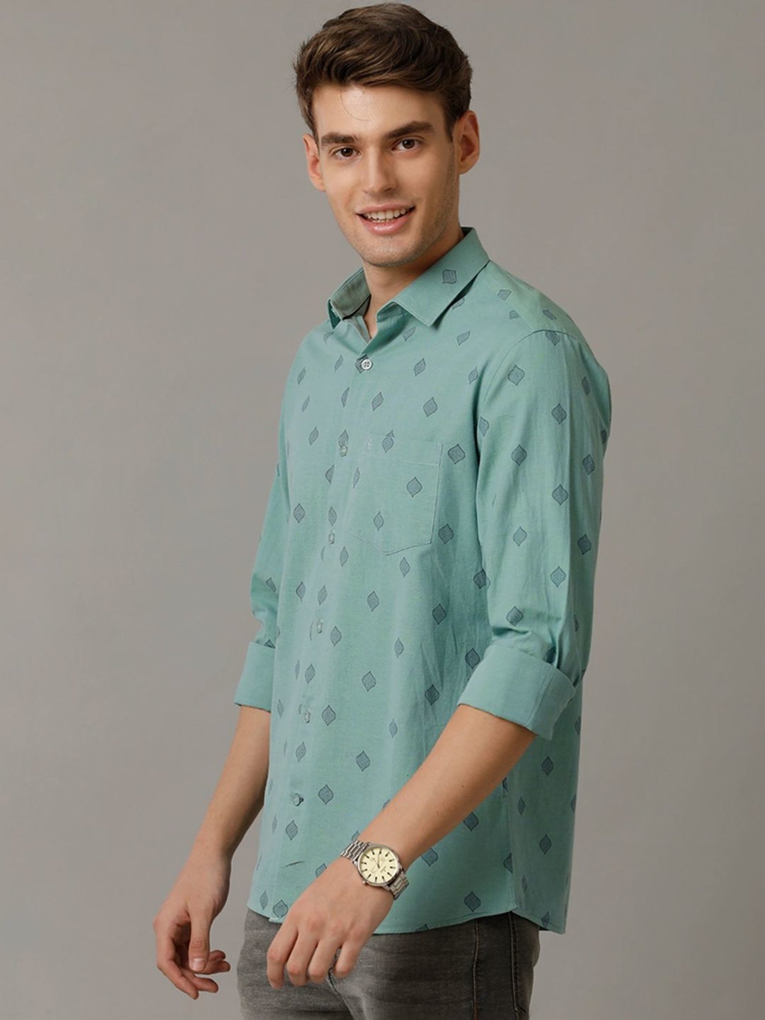 Cavallo By Linen Club Green Linen Contemporary Fit Printed Shirt