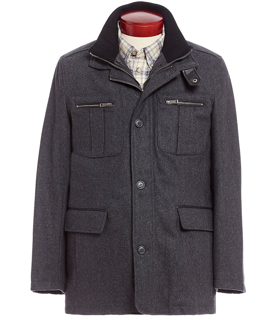 Cole Haan Melon Four-Pocket Faux Leather Trim Detail Button Front Car Coat