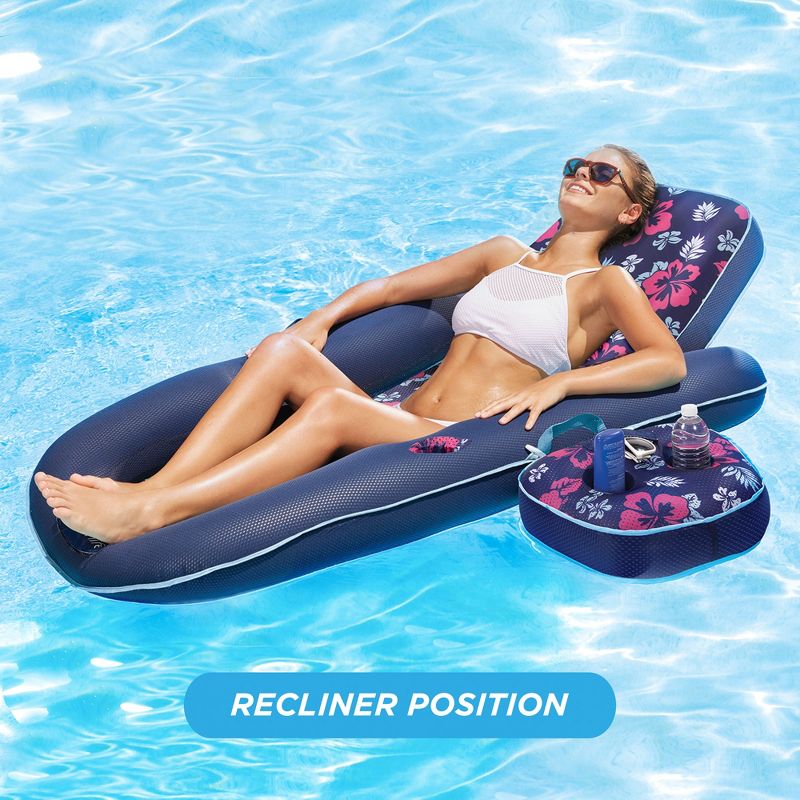 Aqua Leisure Campania Ultimate Convertible 2 in 1 Outdoor Swimming Pool Float Lounger Recliner and Drink Caddy, Navy Hibiscus (2 Pack)