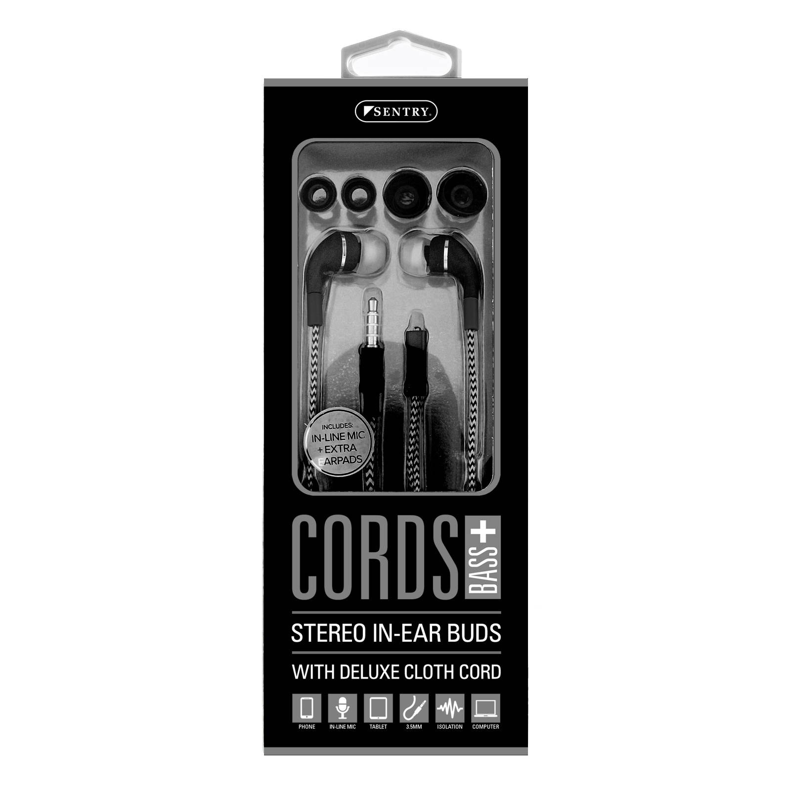 SENTRY Cords Stereo Earbuds with deluxe cloth cord & inline mic  BLACK HM650-BLACK