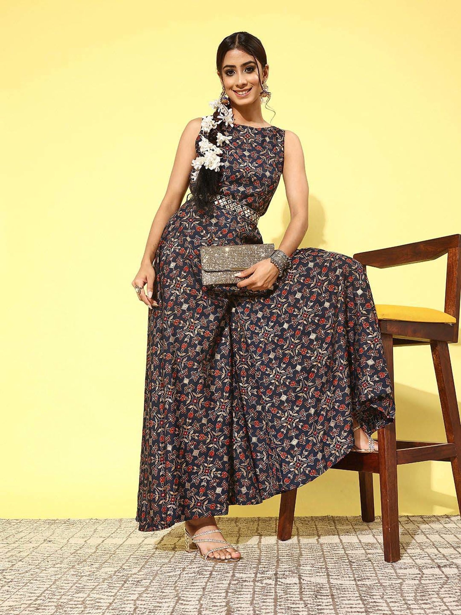 Libas Blue Printed A-Line dress Jumpsuit