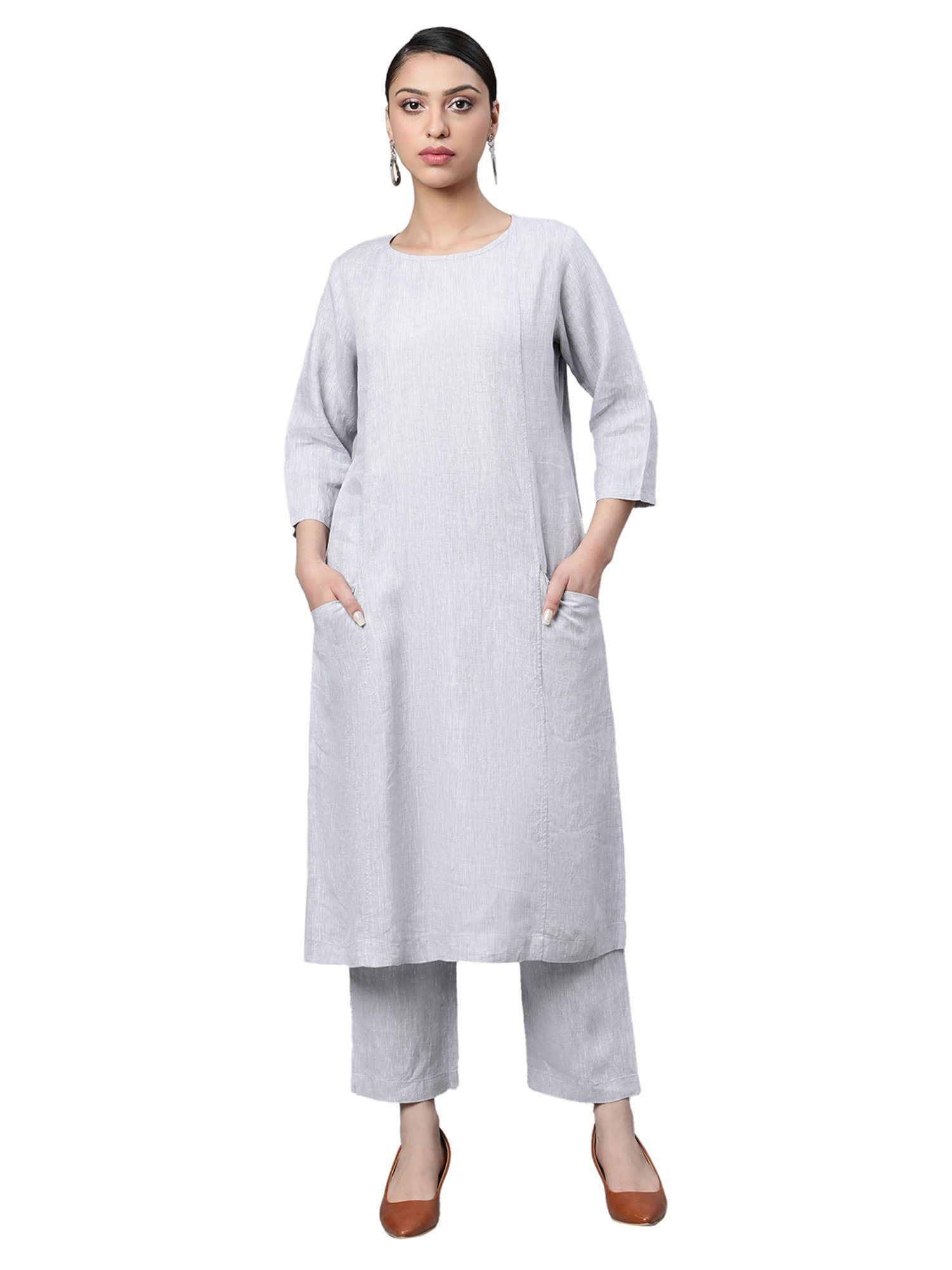 Linen Club Woman Grey Straight Kurta