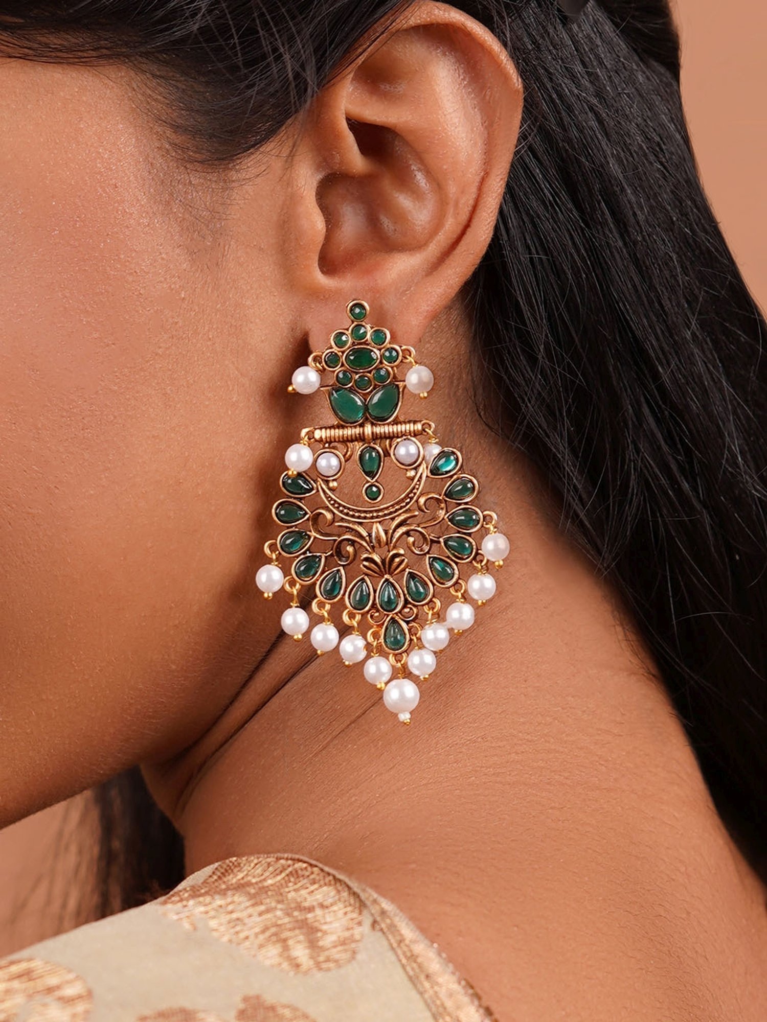 Teejh Rutuja Dark Green Golden Dangler Earrings