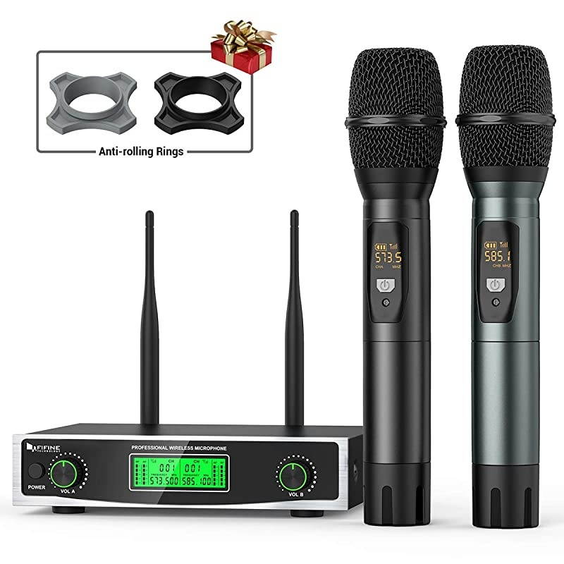 Microphone SystemFifine Two Handheld Dynamic Cordless Mic and Dual Channel Receiver 50 Selectable UHF Frequency for Karaoke Singing PartyChurchDJWeddingSchool PresentationK040