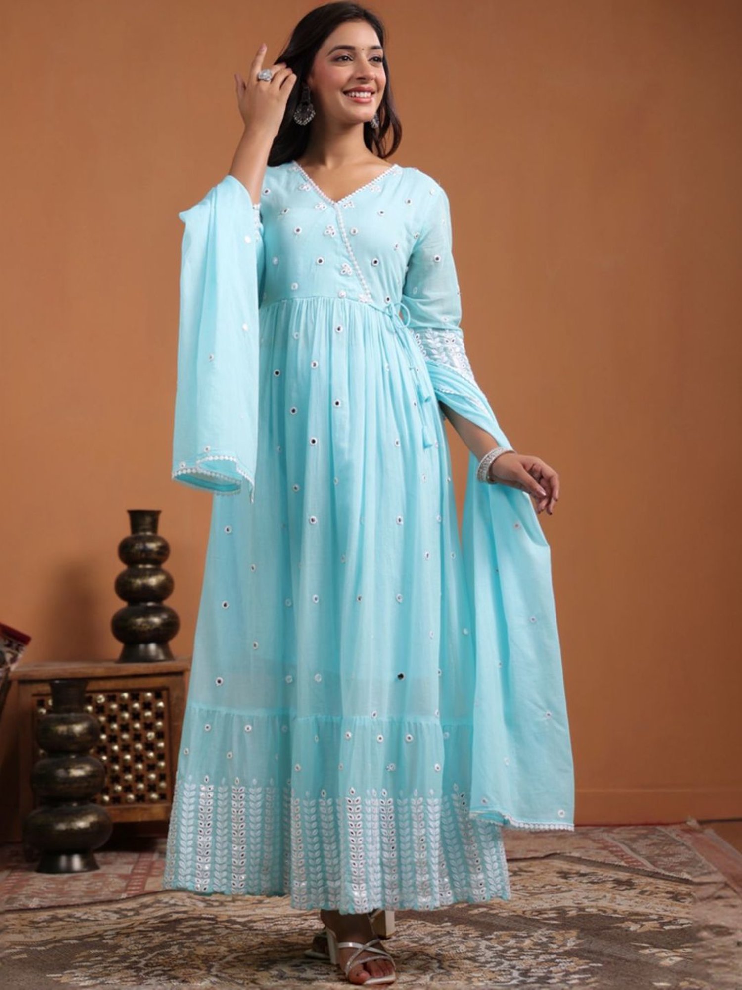 SCAKHI Aqua Blue Mulmul Foilage Mirror Embroidered Angrakha Kurta With Pants And Dupatta