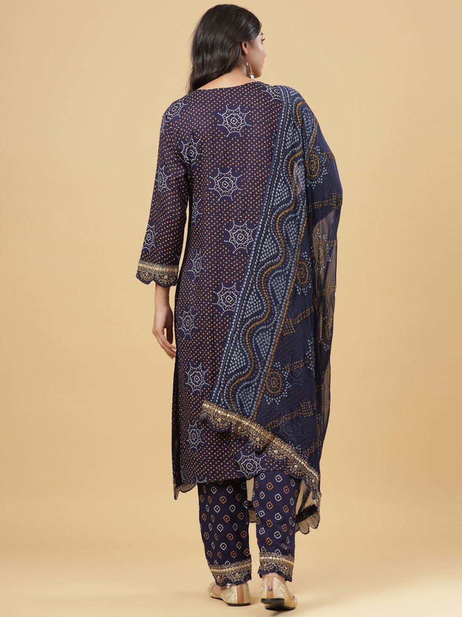 Juniper Navy Blue Bandhani Printed & Embroidered Rayon Kurta Pants Dupatta with Sequins & Zari Work