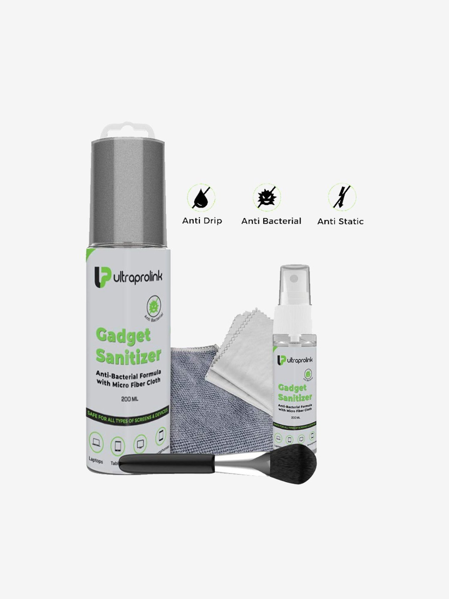 UltraProlink UM1027 Universal Screen Cleaning & Sanitizer Kit,200ml+20ml+2 Micro fibre Cloths+Brush