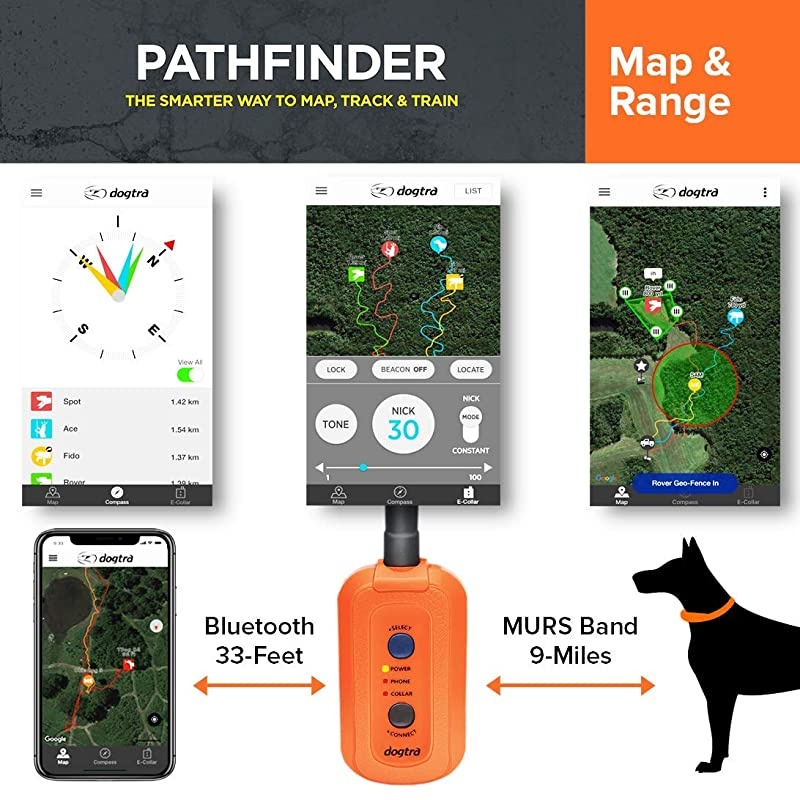 Pathfinder Dog Remote Training and GPS Tracking Collar - 9 Mile Range, Sports Upland Hunting, Waterproof Receiver, Rechargeable, Static, Audible Tone, PetsTEK Trainer Clicker - Orange Edition