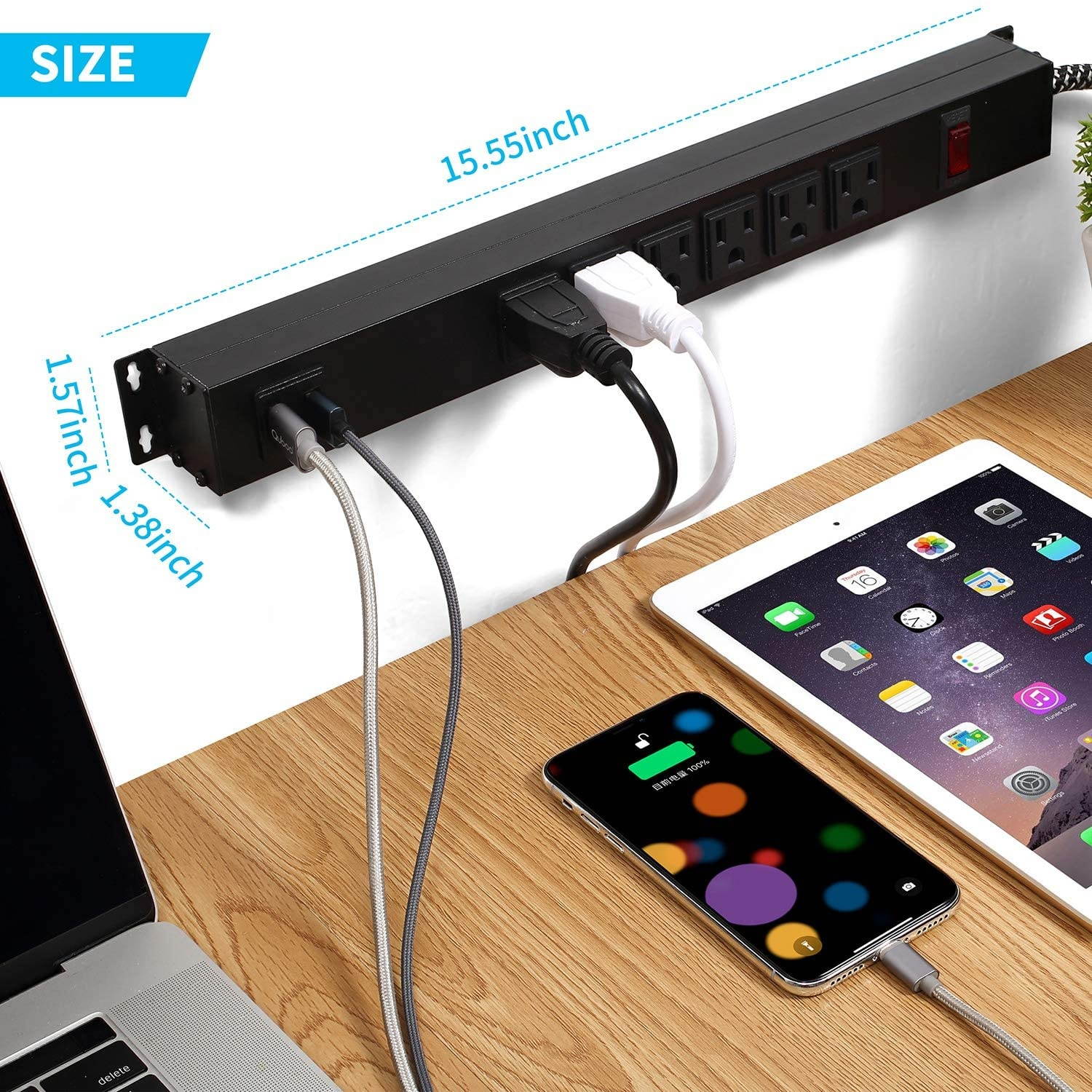 Metal Power Strip with USB, 6 feet, 6 Outlet Expander, Surge Protector, 300J, Wall Mountable, Overload Protection Switch, 3 Prong, Black, Heavy Duty Power Strip for Workbench Home Office, SGS Listed