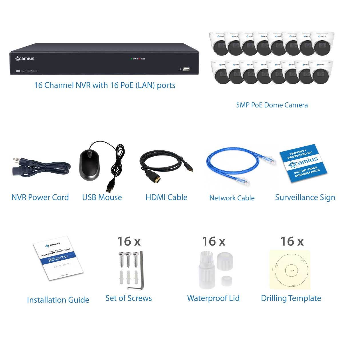 GW Security 16 Channel HD 1920p H.265 Security System with 8TB HDD, (15)* PoE 5MP HD 1920p 2.8-12mm Varifocal Weather Proof IP Cameras, and (1)* 20x Zoom 5MP HD 1920p IP PTZ (Pan-Tilt-Zoom) Camera