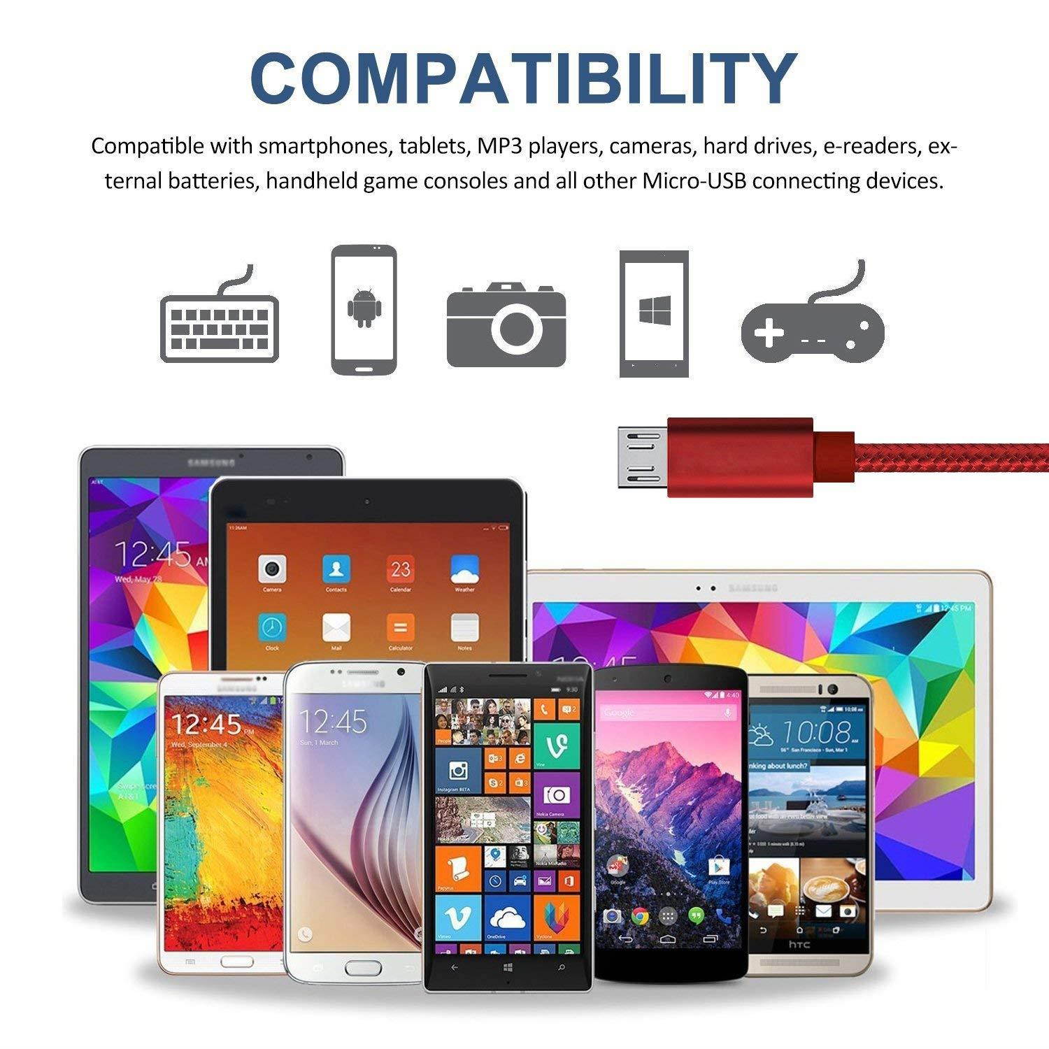 RoFI Micro USB Cable, [2Pack] 0.6M Samsung Charger, Nylon Braided Micro USB Charger, High Speed USB 2.0 A to Micro B Charging Cord Universal for HTC, S6, Kindle, Android, and More (Red, 2 Feet)