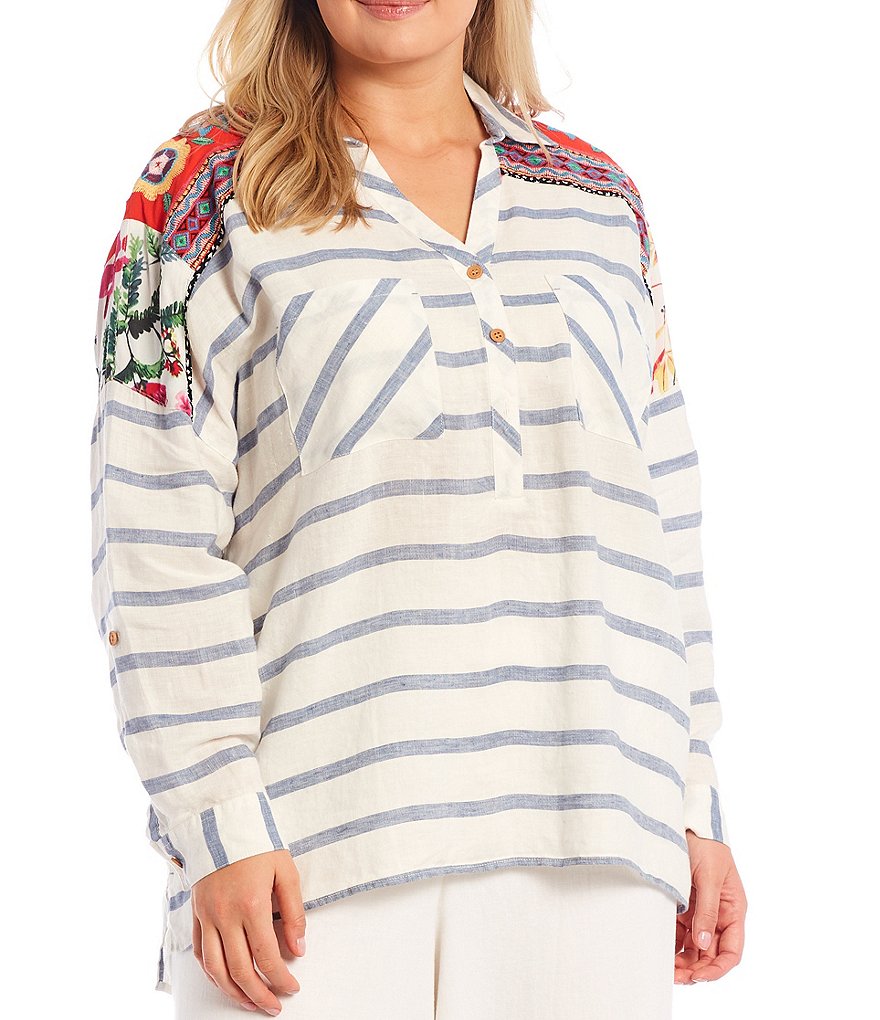 John Mark Plus Size Point Collar Neck Stripe Print Floral Contrast Back Yoke Roll-Tab Long Sleeve Button Down Hi-Low Top