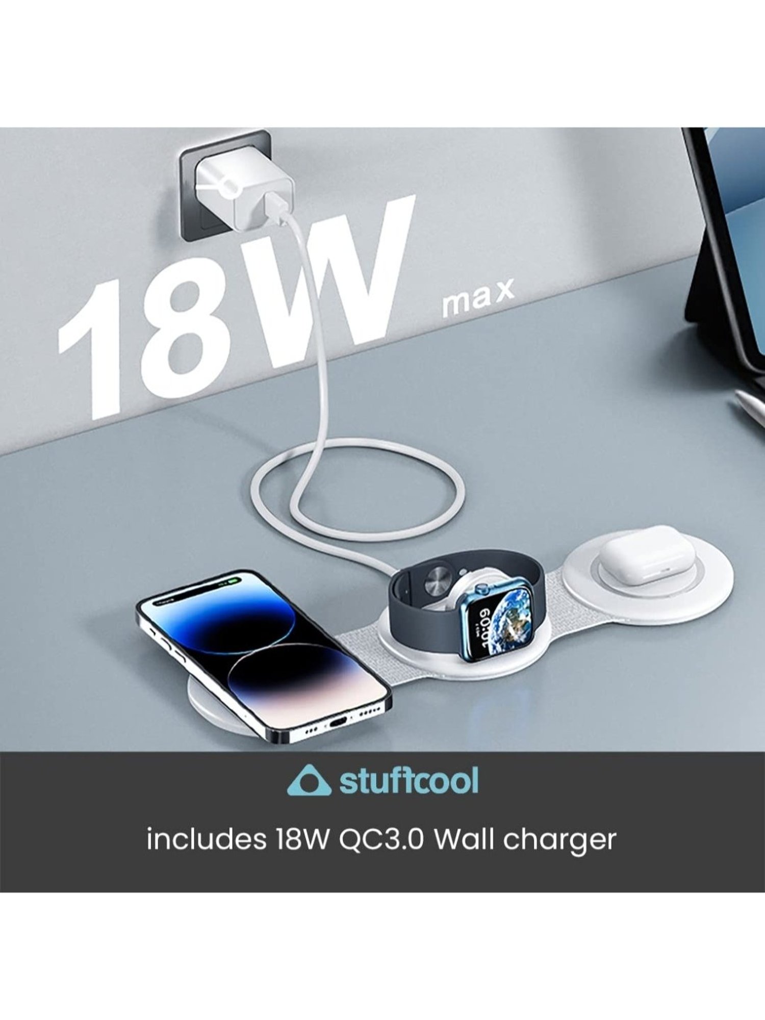 Stuffcool Stack 3 in 1 Foldable Magnetic Wireless Charging Station with 18W QC.30 (White)