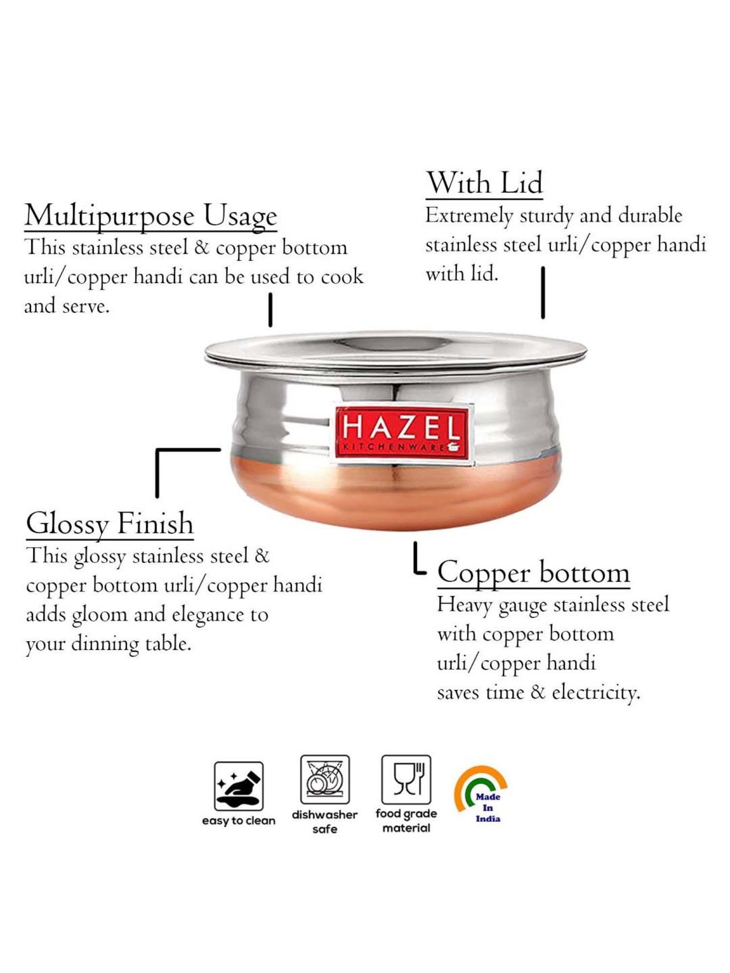 HAZEL Silver & Brown Stainless Steel 20.5 cm Non-Induction Handi With Lid (1.7 L)