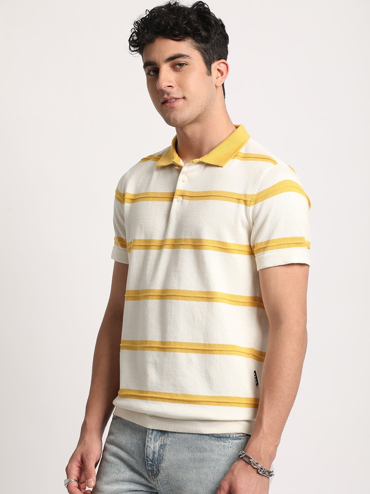 The Bear House Cream Cotton Regular Fit Striped Polo T-Shirt