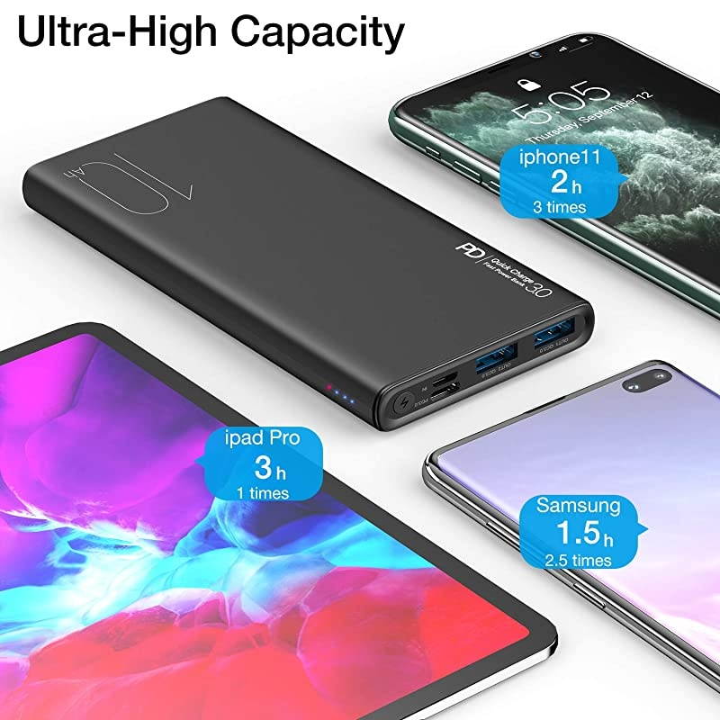 WB1 PD + QC 30 Portable Charger 10000mAh Slim and Light Fast Power Bank 18W High Charging Speed External Battery Pack with USB C InputOutput Compatiable for iPhoneiPadSamsung Black