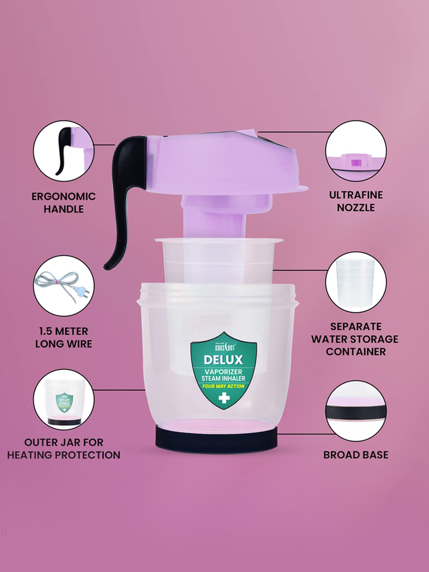 Crescent Delux Facial Steamer Vaporizer for Cold & Cough, Separate Water Container (Ice Purple)