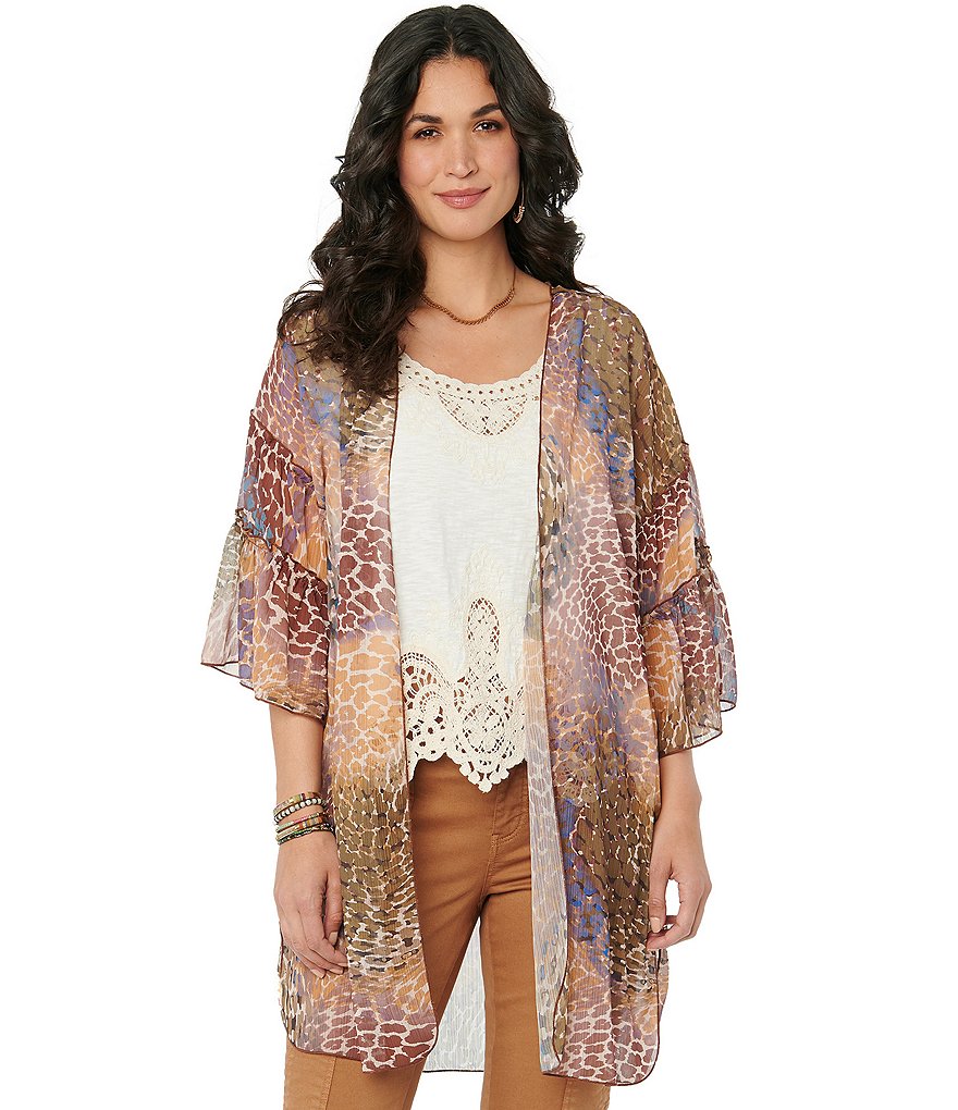 Democracy Giraffe Patchwork Print 3/4 Ruffle Sleeve Open-Front Kimono