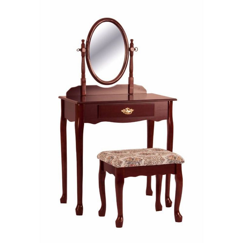 Vanity Table and Stool Set with Oval Mirror Cherry Brown - Benzara