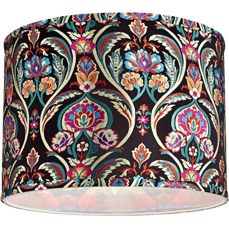 Springcrest Multi-Color Embroidered Medium Drum Lamp Shade 15" Top x 15" Bottom x 11" High (Spider) Replacement with Harp and Finial