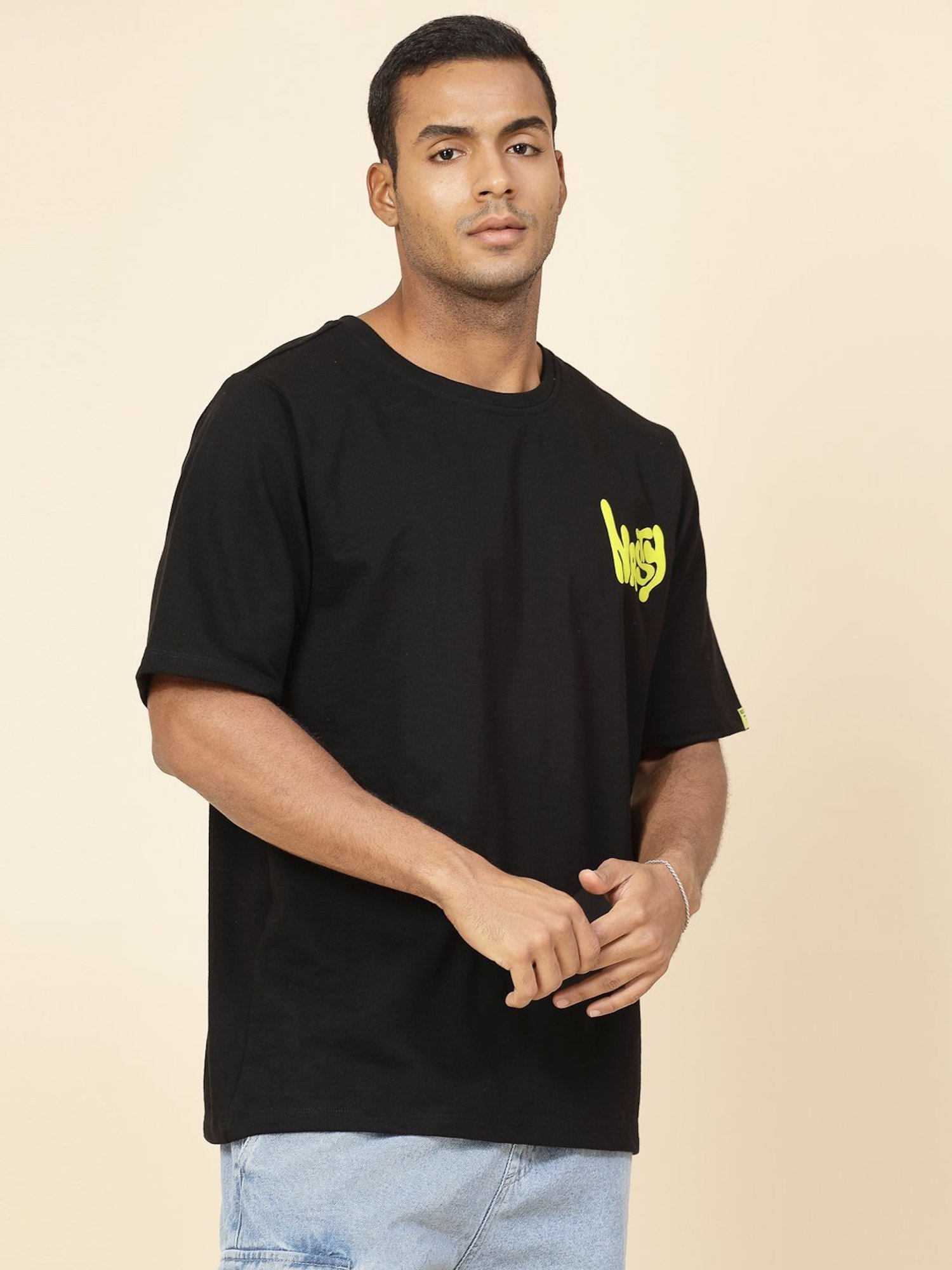 Rigo Black Cotton Loose Fit Typography T-Shirt