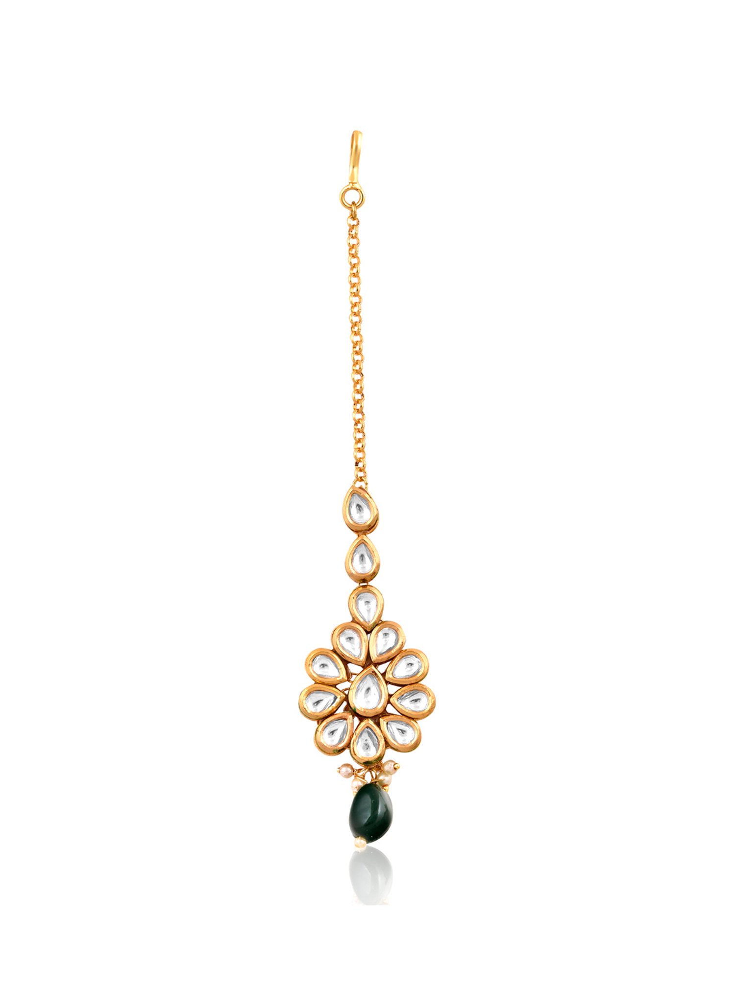 Curio Cottage Meira Kundan Green Droplet Maang Tikka for Women