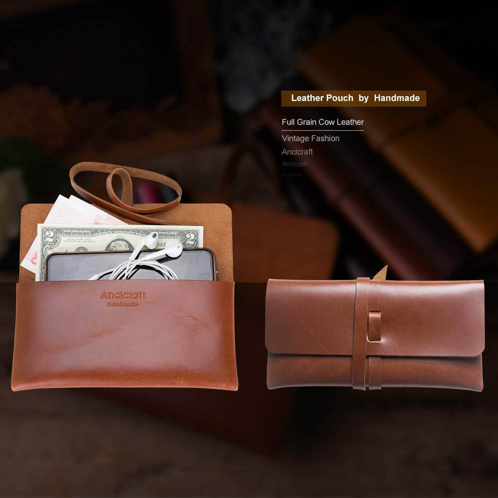 Ancicraft Soft Genuine Leather Pencil Pen Case Pouch Holder Bag Pocket with Strap Retro Vintage Simple Red Brown (Red brown with strap)