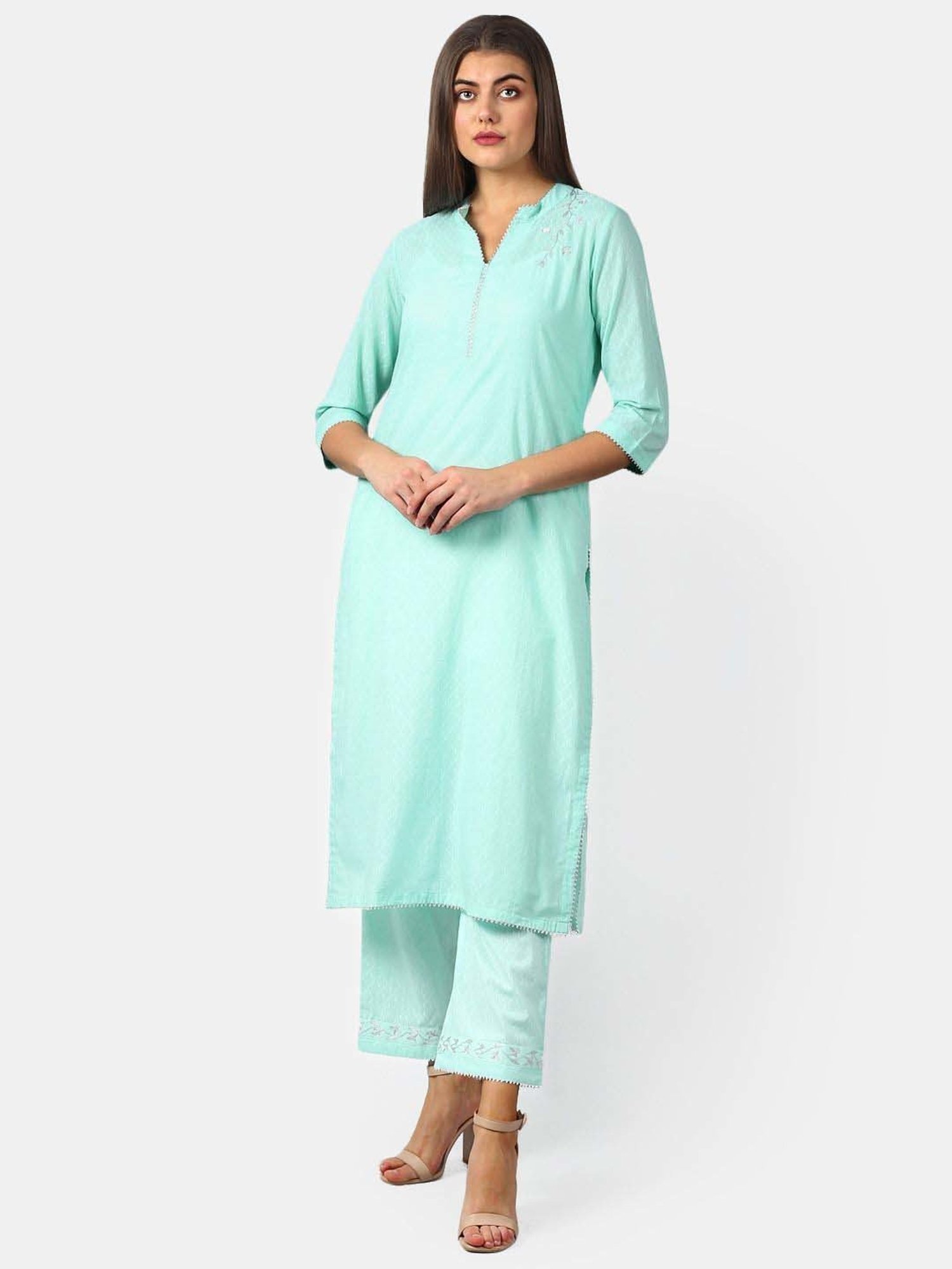 DART STUDIO Green Cotton Embroidered Palazzos