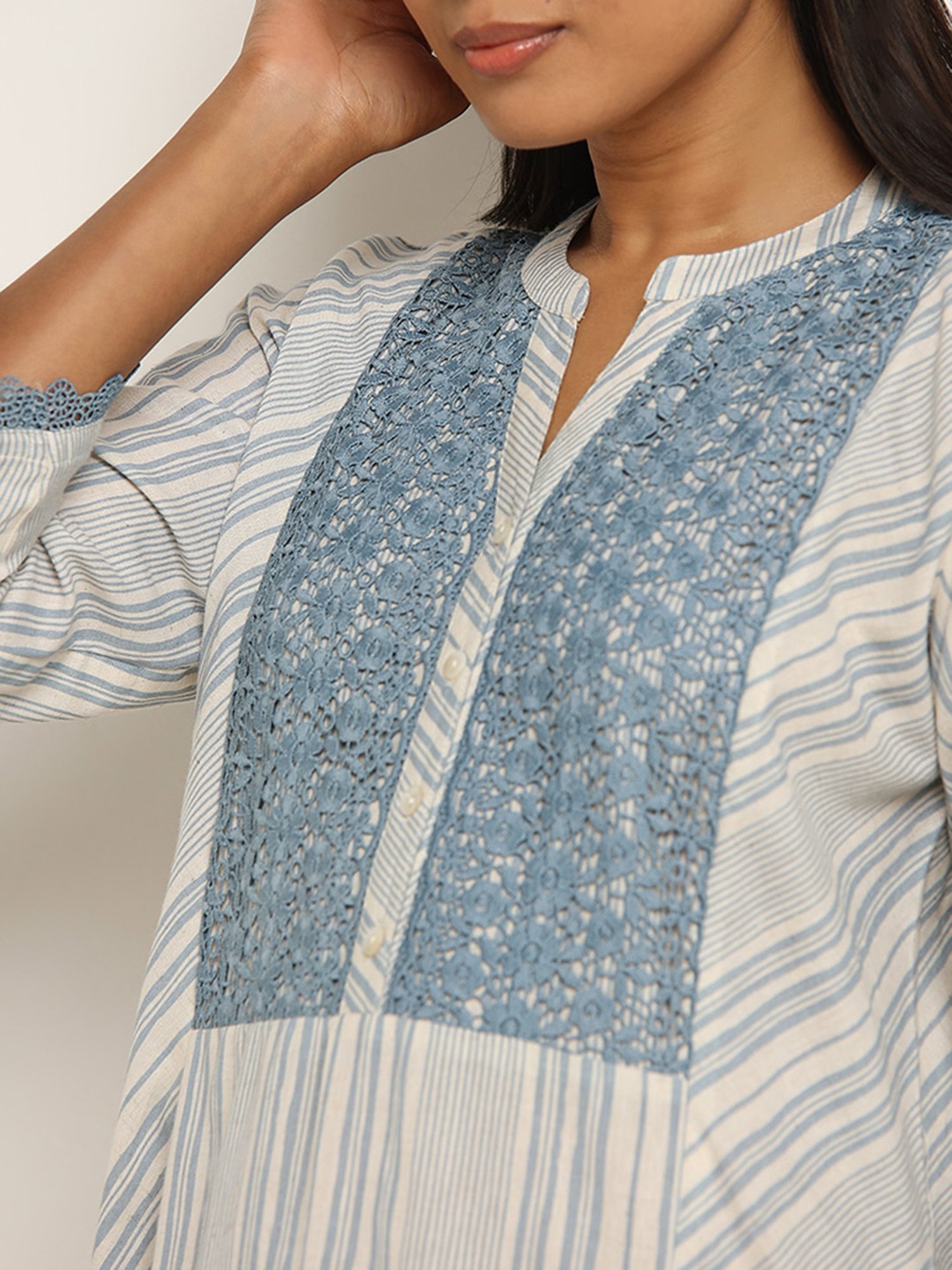 Utsa by Westside Blue Lace Design Blended Linen A-Line Kurta