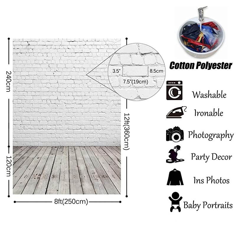 White Brick Wall with Gray Wooden Floor Photography Backdrop Vinyl Background for Pictures D2504 8x12ftCottonPolyester