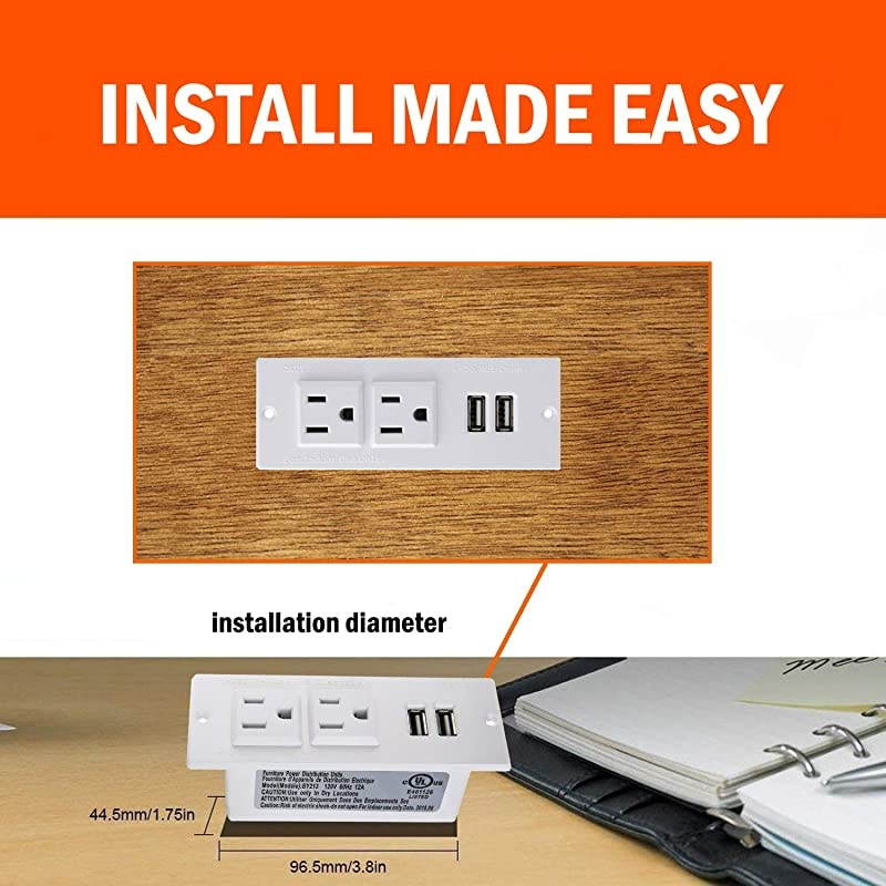 Recessed Power Strip, Recessed Desk Outlet with USB, In Conference Desk Recessed Power Outlets Socket, Desktop Power Grommet with 6.56ft Power Cord