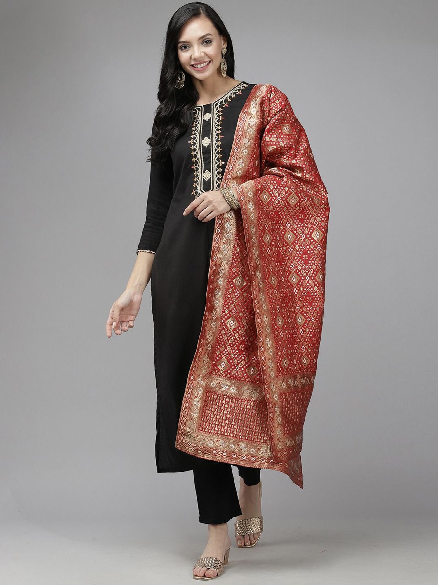 Indo Era Red Woven Pattern Dupatta