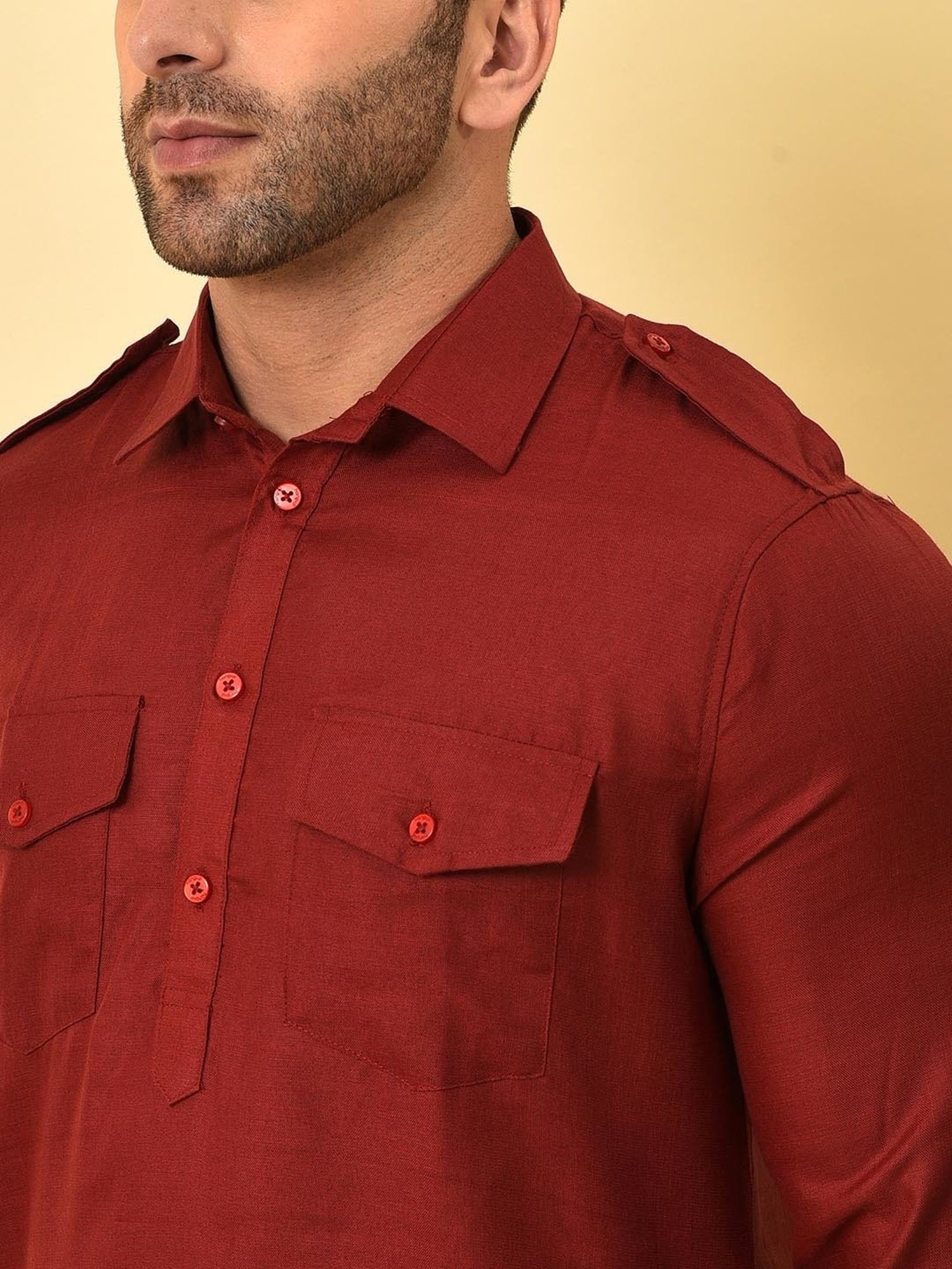 Hangup Maroon & White Regular Fit Pathani Kurta & Pyjamas Set