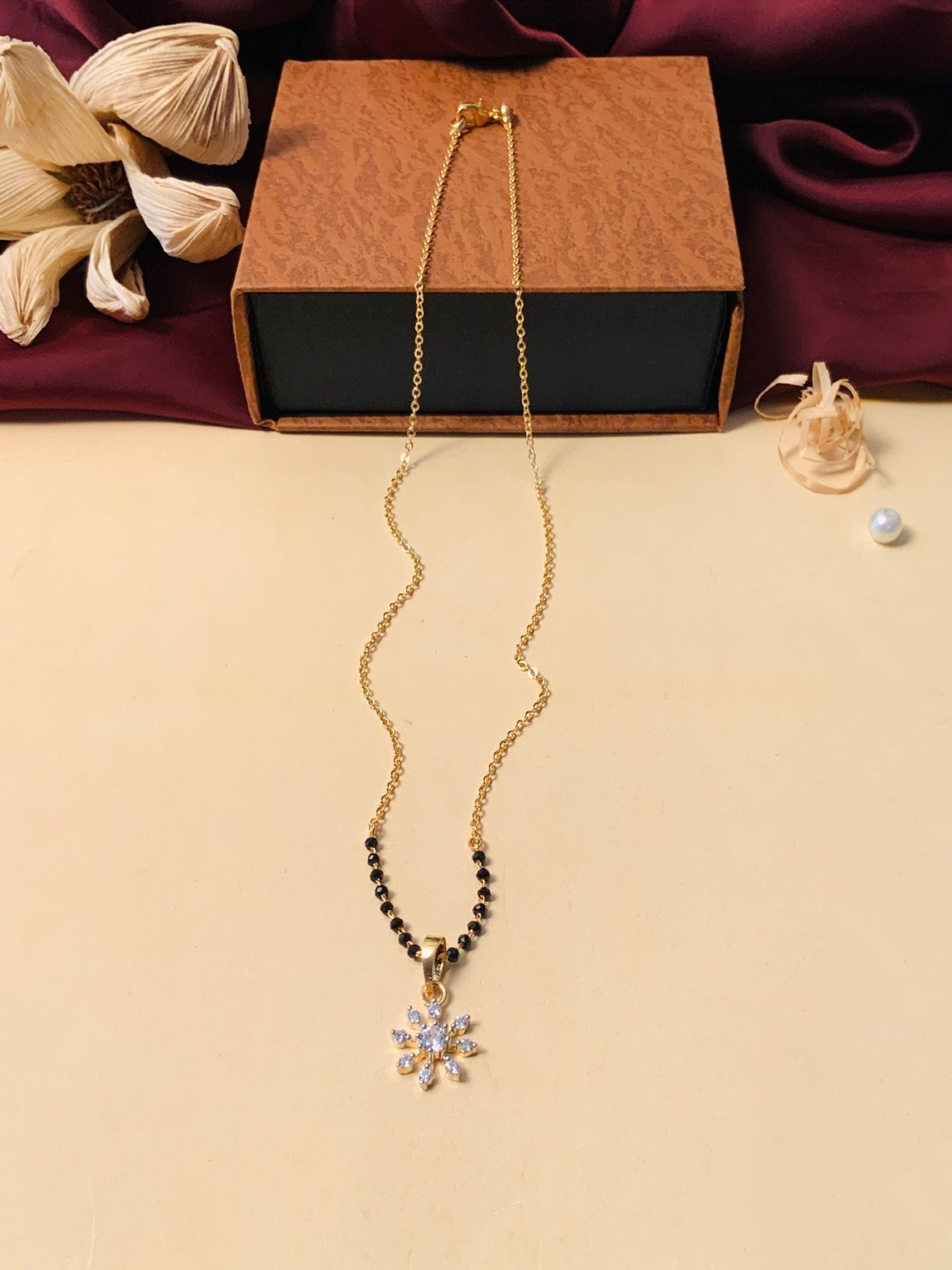 Abdesigns Gold-Plated American Diamond & Black Beaded Mangalsutra