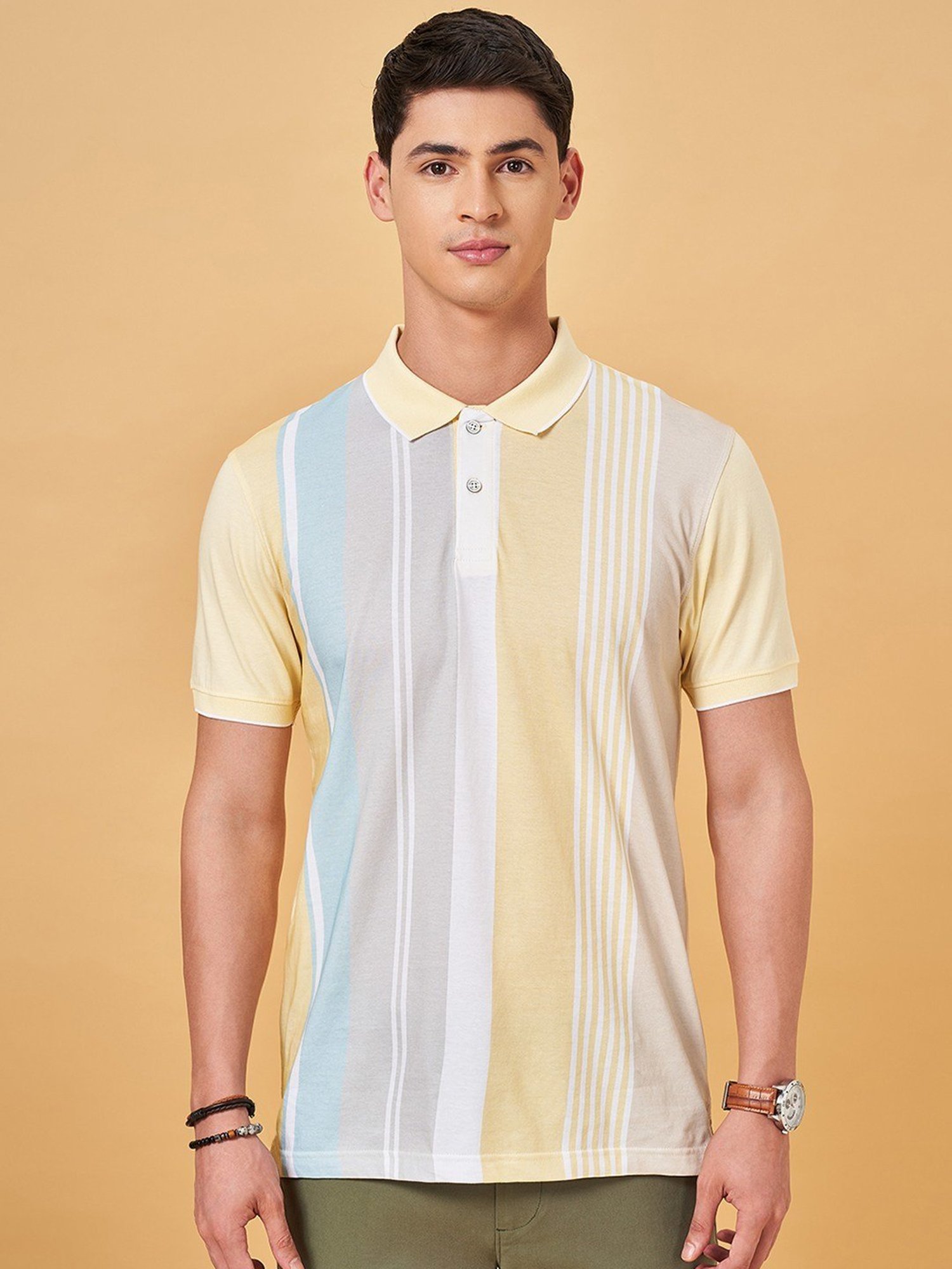 Byford By Pantaloons Lemonade Slim Fit Striped Polo T-Shirt