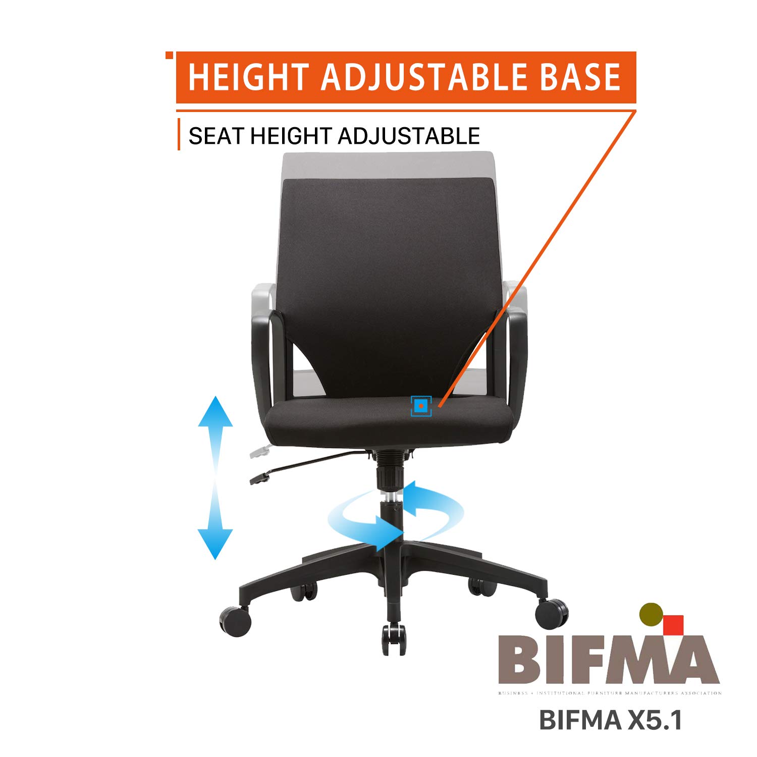 CLATINA Ergonomic Mid-Back Upholstered Swivel Task Chair with Black Plastic Arm Rest and Base for Home and Office