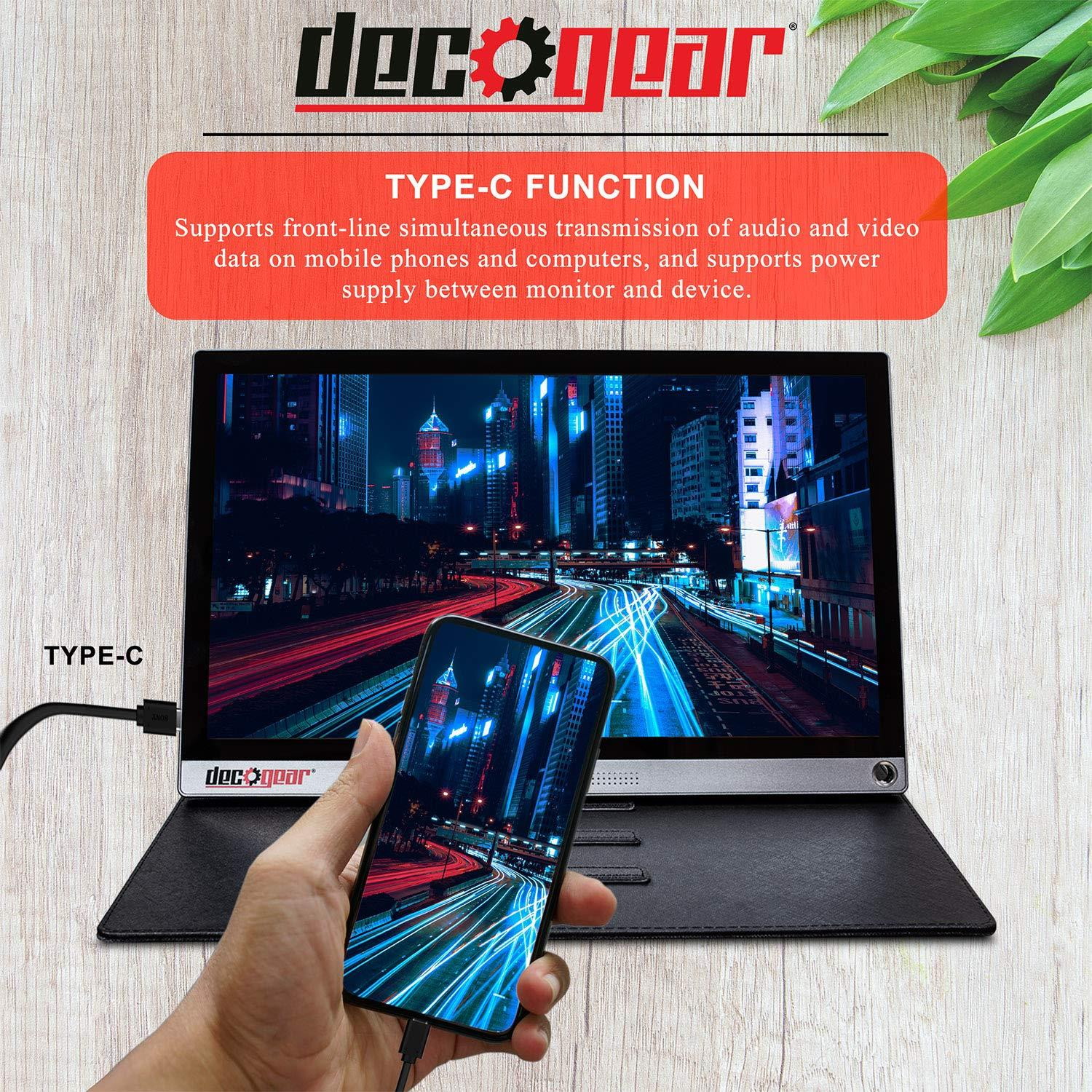 Deco Gear 15.6 Portable Monitor 1080p IPS HD Panel, Touchscreen with 10 Point Capacitive Control, 10,000 mAh Battery, Built-in Dual Speakers & USB Type-C and HDMI Devices Connections
