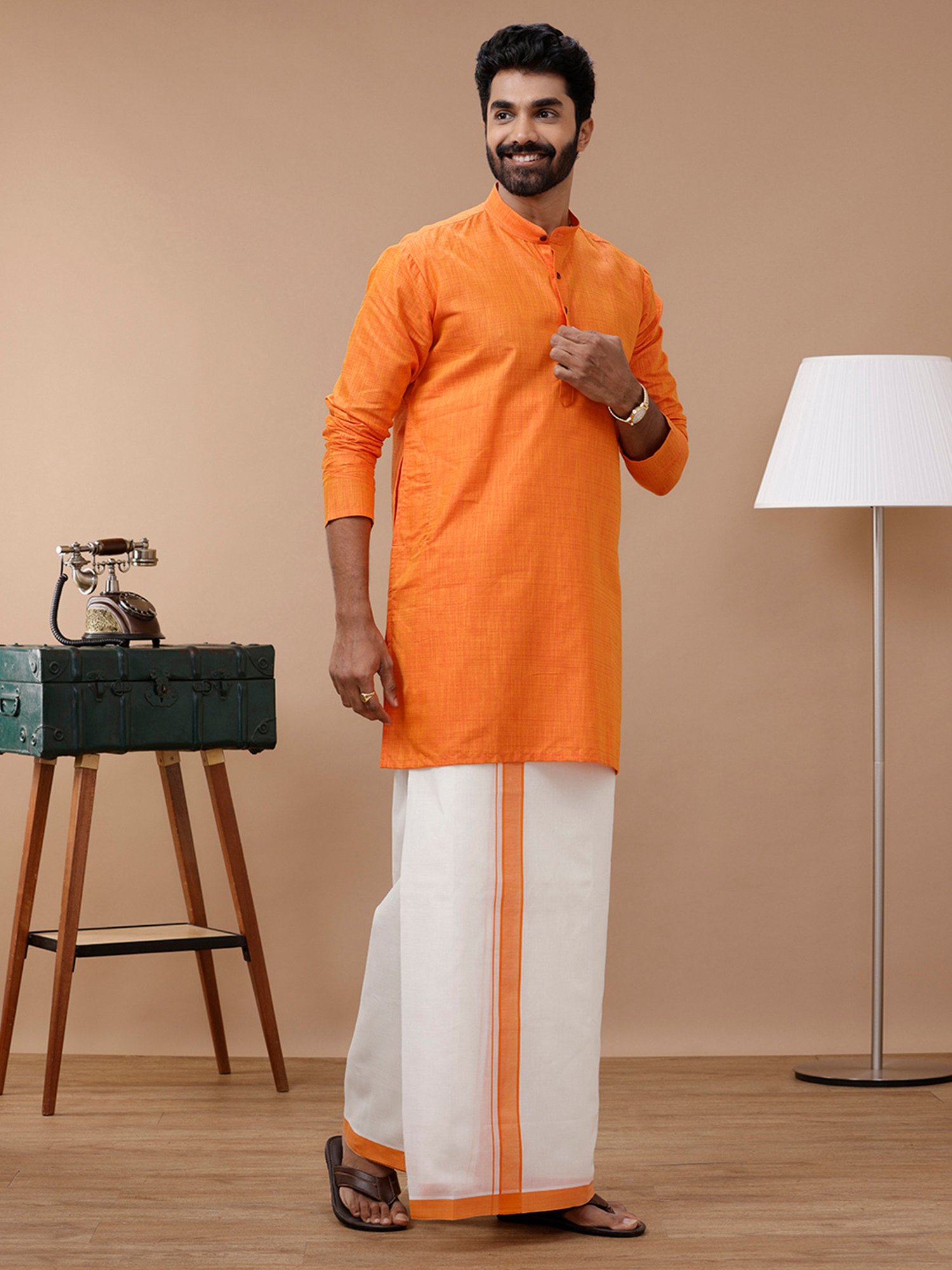 Ramraj Orange Cotton Regular Fit Kurta Set with Bottom
