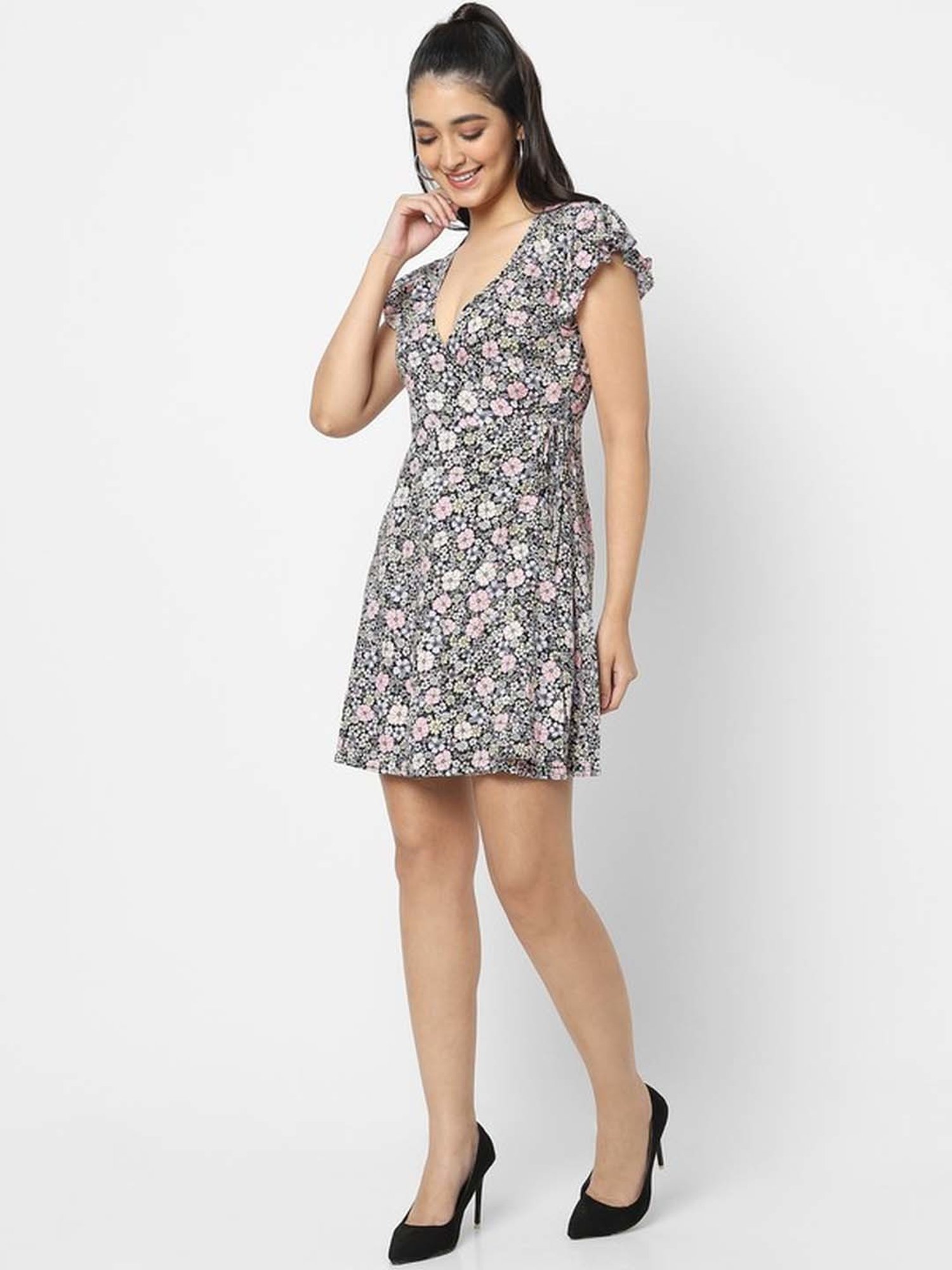 VASTRADO Black & Pink Floral Print A-Line Wrap Dress