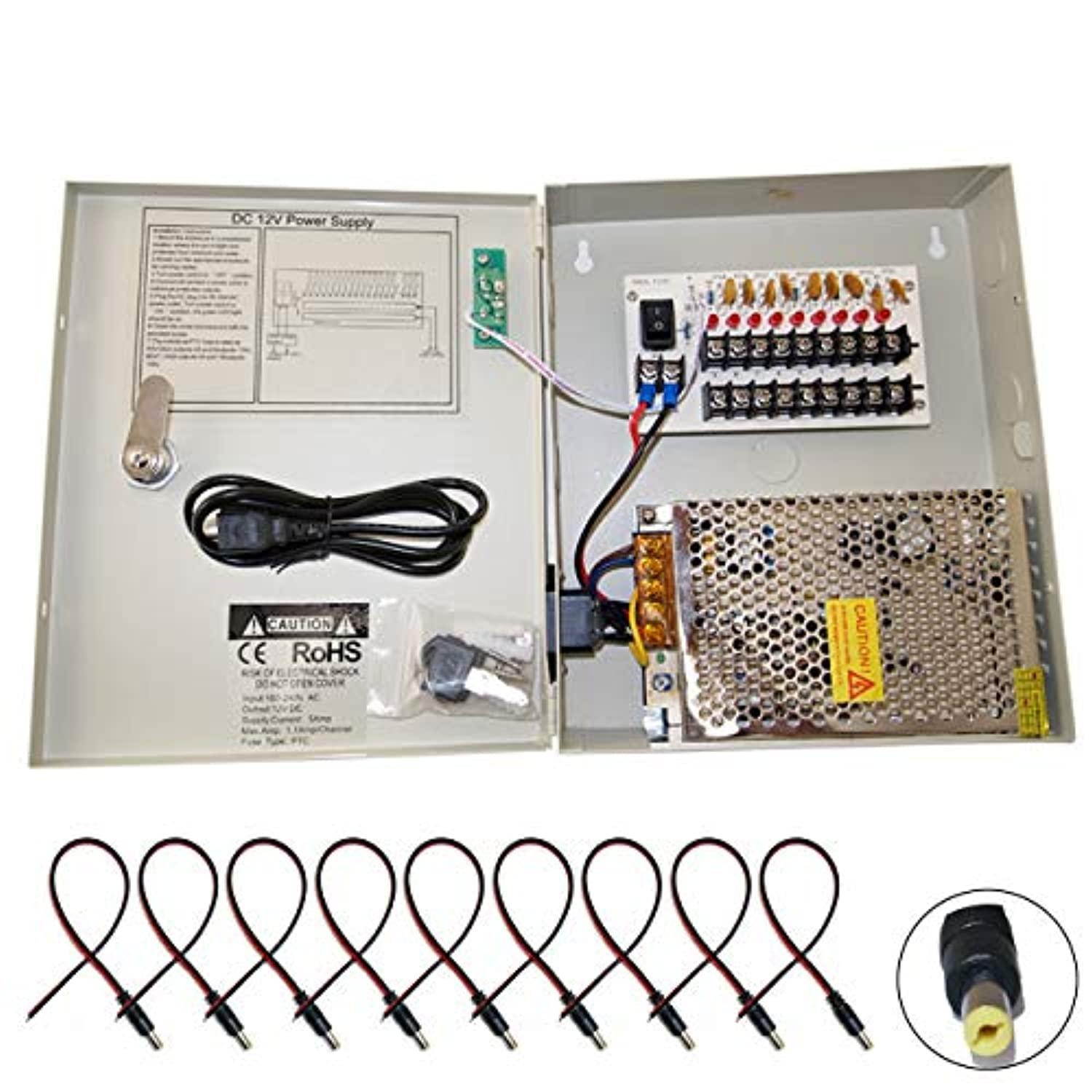 evertech 8 channel 12 volt dc 5a output cctv distributed power supply box for security camera with 9 pcs. dc male pigtail 9 port