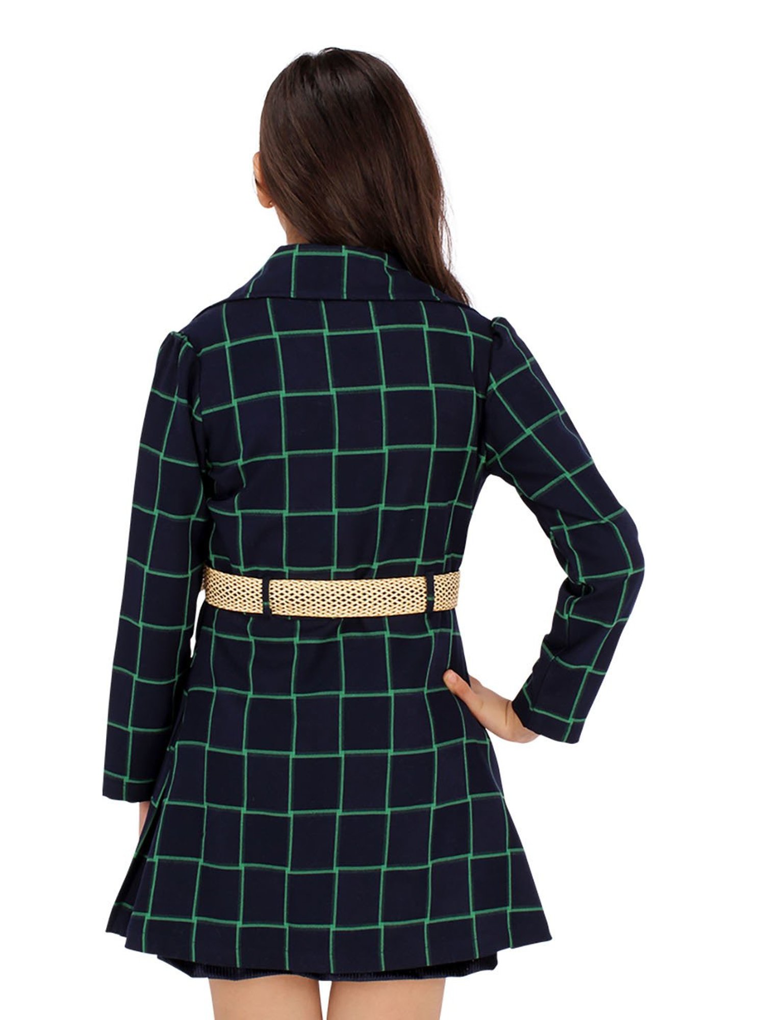 Cutecumber Kids Navy Checks Full Sleeves Dress with Jacket