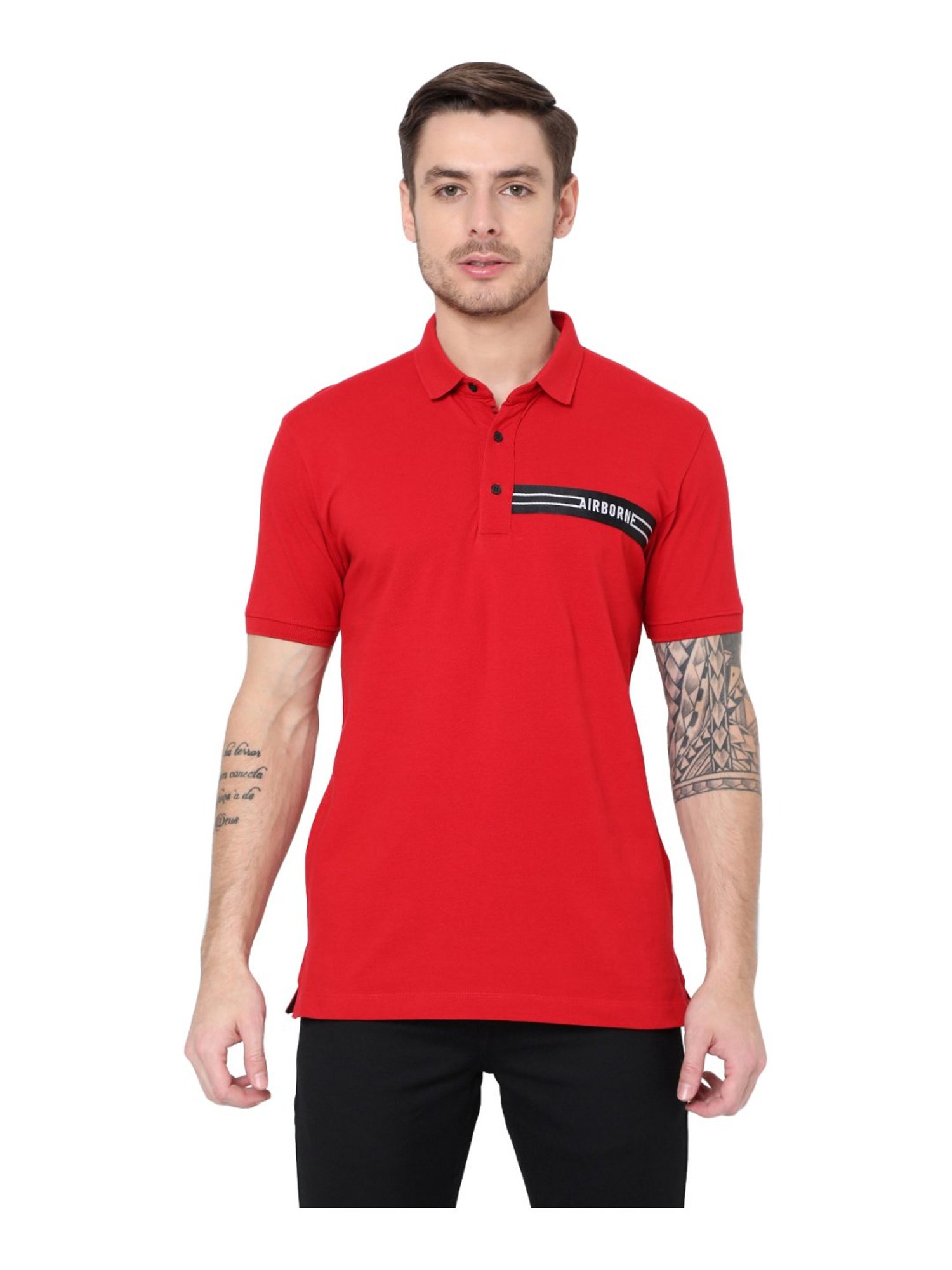 Mufti Red Cotton Slim Fit Self Pattern Polo T-Shirt