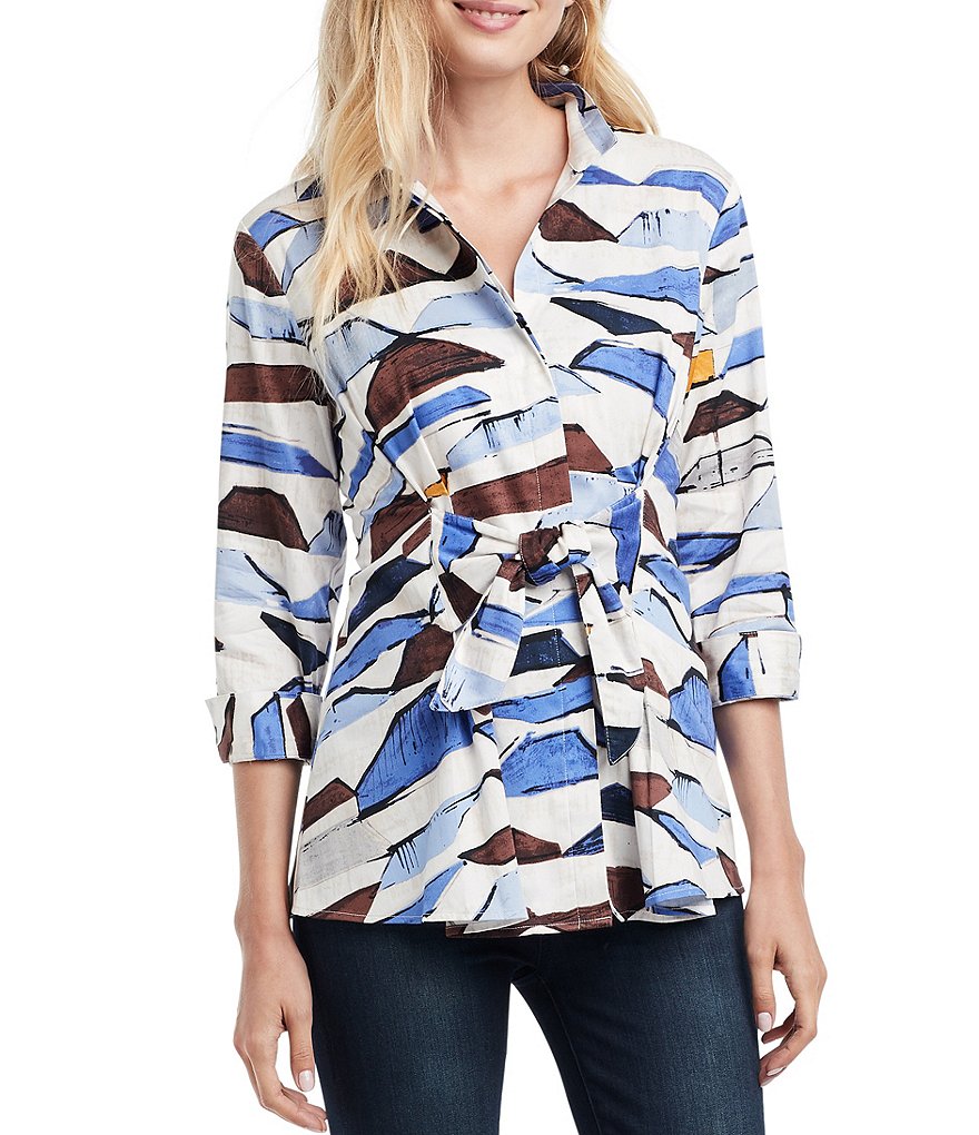 NIC + ZOE In A Row Tie Front Geo Stretch Blouse