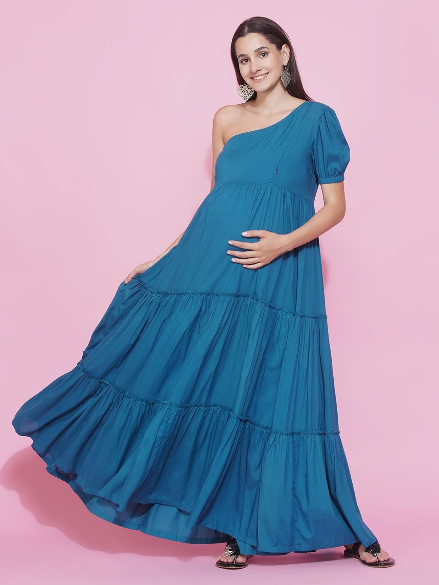 Mine4Nine Teal Blue Maxi Maternity Baby Shower Dress